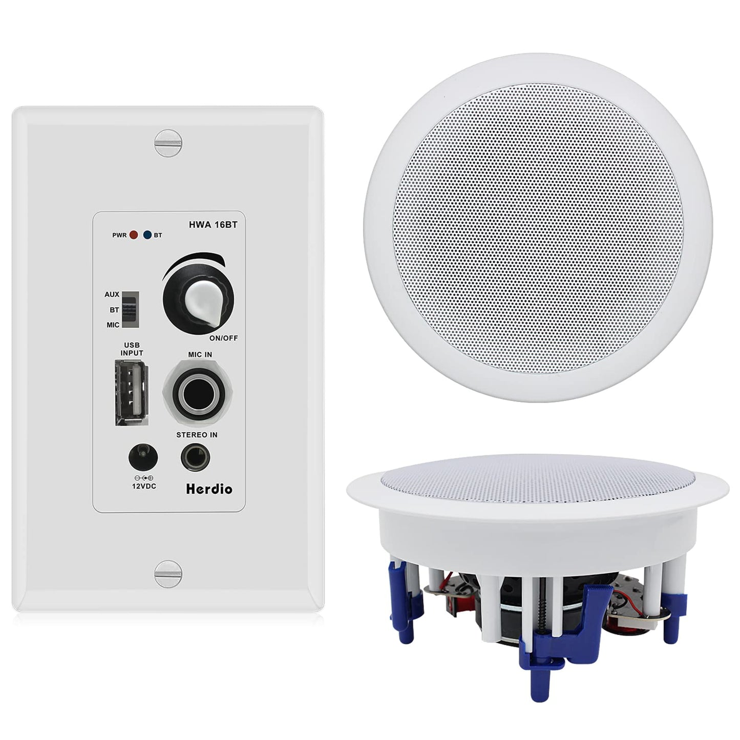 Herdio Paquete de Audio hogar, con Control de Montaje en Pared, Sistema Receptor de Amplificador con 300 W en Pared, Techo, bocinas pasivas, perfectos para Cine en casa, Oficina, baño, Cocina