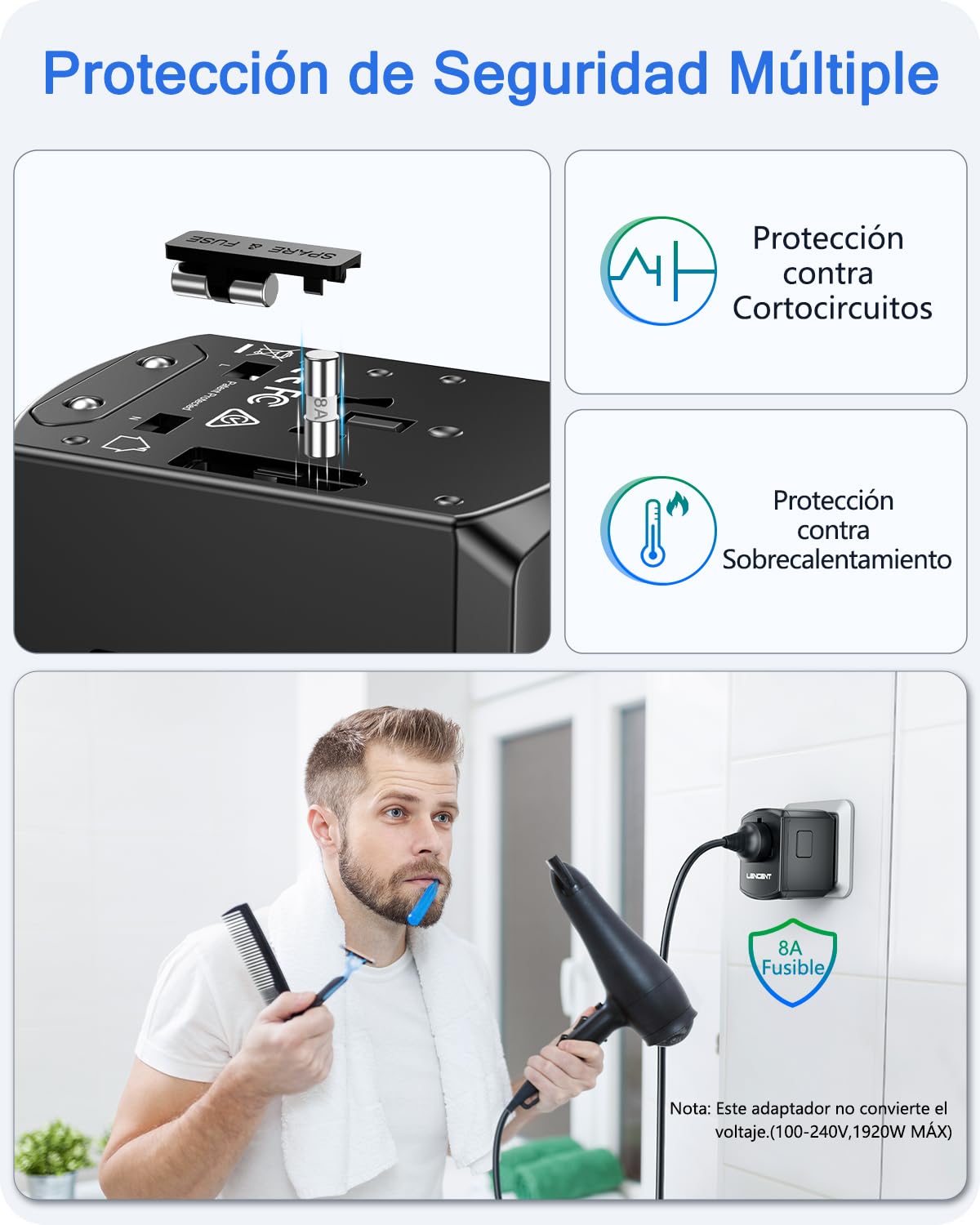 LENCENT Adaptador Universal de Viaje, 17.5W Adaptador de Corriente Europeo con 4 Puertos USB (1 UBS C), Travel Essentials para el Reino Unido, Europa, Americano, Argentina, Australia, Negro