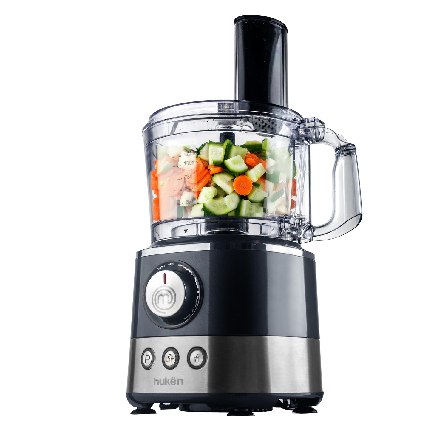 Hukën x MasterChef | Sistema de Cocina Chef Deluxe | 650W de Potencia | Más de 10 Accesorios para Licuar, Triturar, Rebanar y Más | Panel Digital | Acabados de Acero Inoxidable