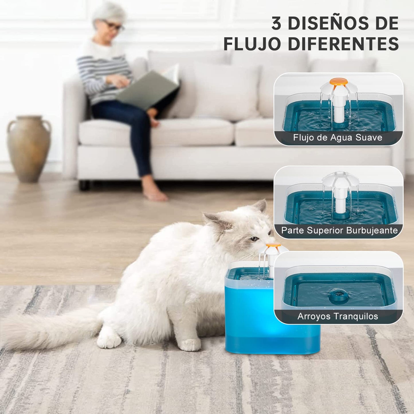 Fuente de Agua para Gatos, Fuente para Gatos Ultra Silenciosa con luz LED, Fuente de Agua para Mascotas con Capacidad de 2 l con Filtro, Dispensador Automático de Agua Potable para Gatos y Perros