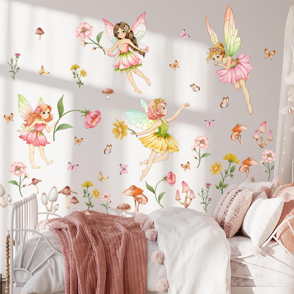 Vinilo decorativo para pared, diseño de hada de flores, diseño de hongos del bosque, pegatinas de pared con mariposa, murales de pared florales extraíbles para despegar y pegar para niños, papel