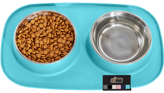 Gorilla Grip Juego de cuencos antideslizantes para mascotas y alfombrilla de alimentación de silicona, atrapa el agua y los alimentos, bordes elevados para evitar derrames, cuenco de acero inoxidable para gatos y perros, diseño pendiente de patente, 1 taz