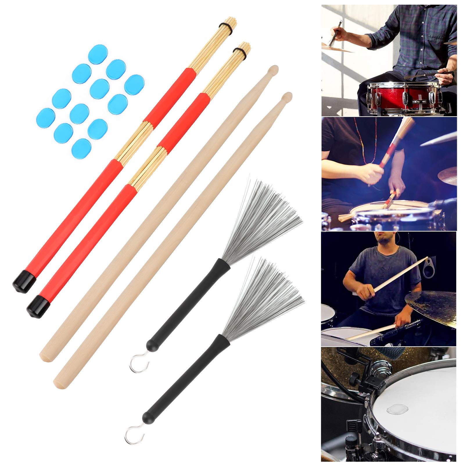 Juego de Baquetas 5A, Escobillas y 12 Amortiguadores de Tambor para Niños, Adultos, Banda de Rock (M02761 Blue)