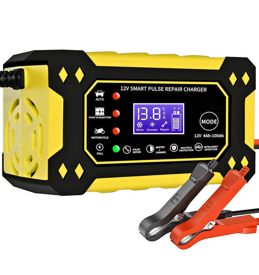 Cargador de Bateria de Auto 12V 6A,Portatil Cargador de Baterías Automático Coche Moto SUV,LCD Pantalla,Múltiples Protecciones,Ajuste Inteligente de Corriente para Cargar y Proteger Batería,ATVs,RVs