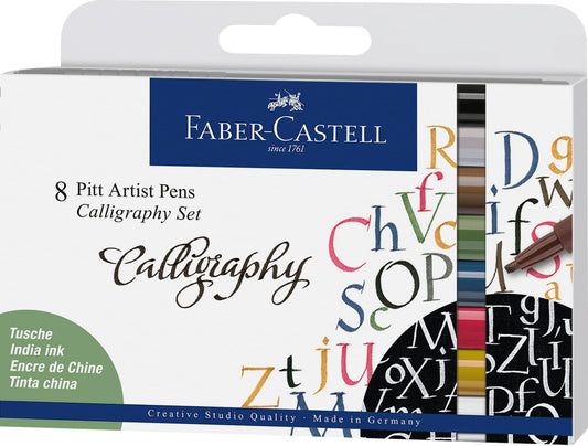 Faber-Castell Pitt Artist Pen Lettering Cincel con 8 Marcadores de Tinta China en Diferentes Colores y con punta C, resistentes al agua y permanentes sobre el papel sin traspasarlo, tiene olor neutro