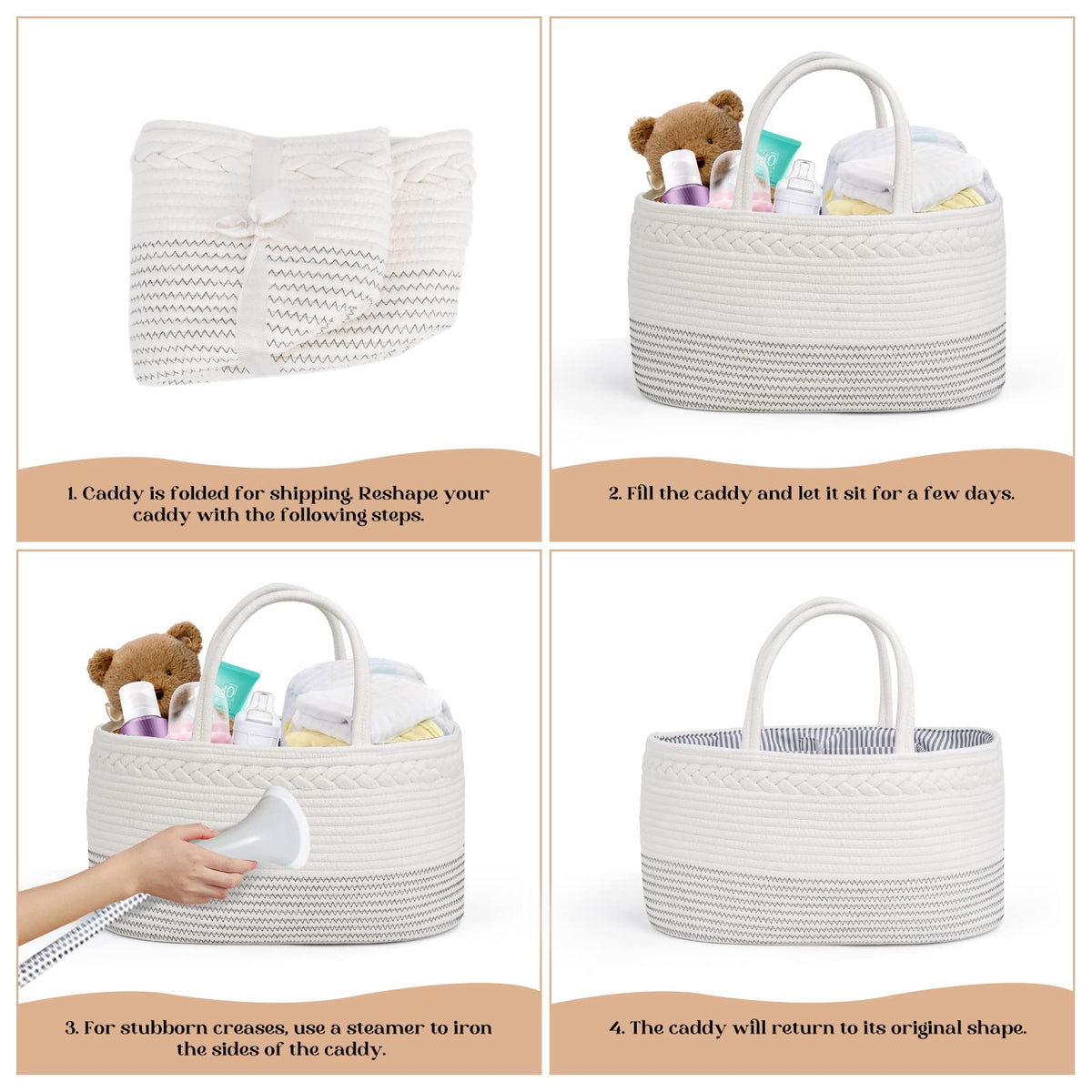 Organizador de pañales de lujo para bebé, cesta de pañales extra grande de cuerda de algodón para guardería, organizador de cambiador, bolsa portátil con divisor, almacenamiento de coche, regalos de
