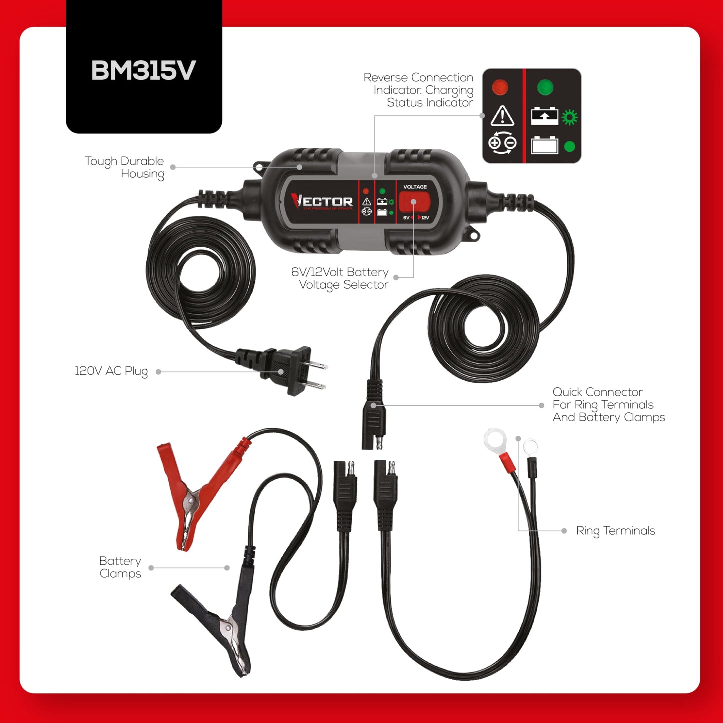 Vector Cargador de batería de 1,5 amperios, mantenedor de batería, Cargador de Trucos, BM315V, 6V y 12V, Totalmente automático