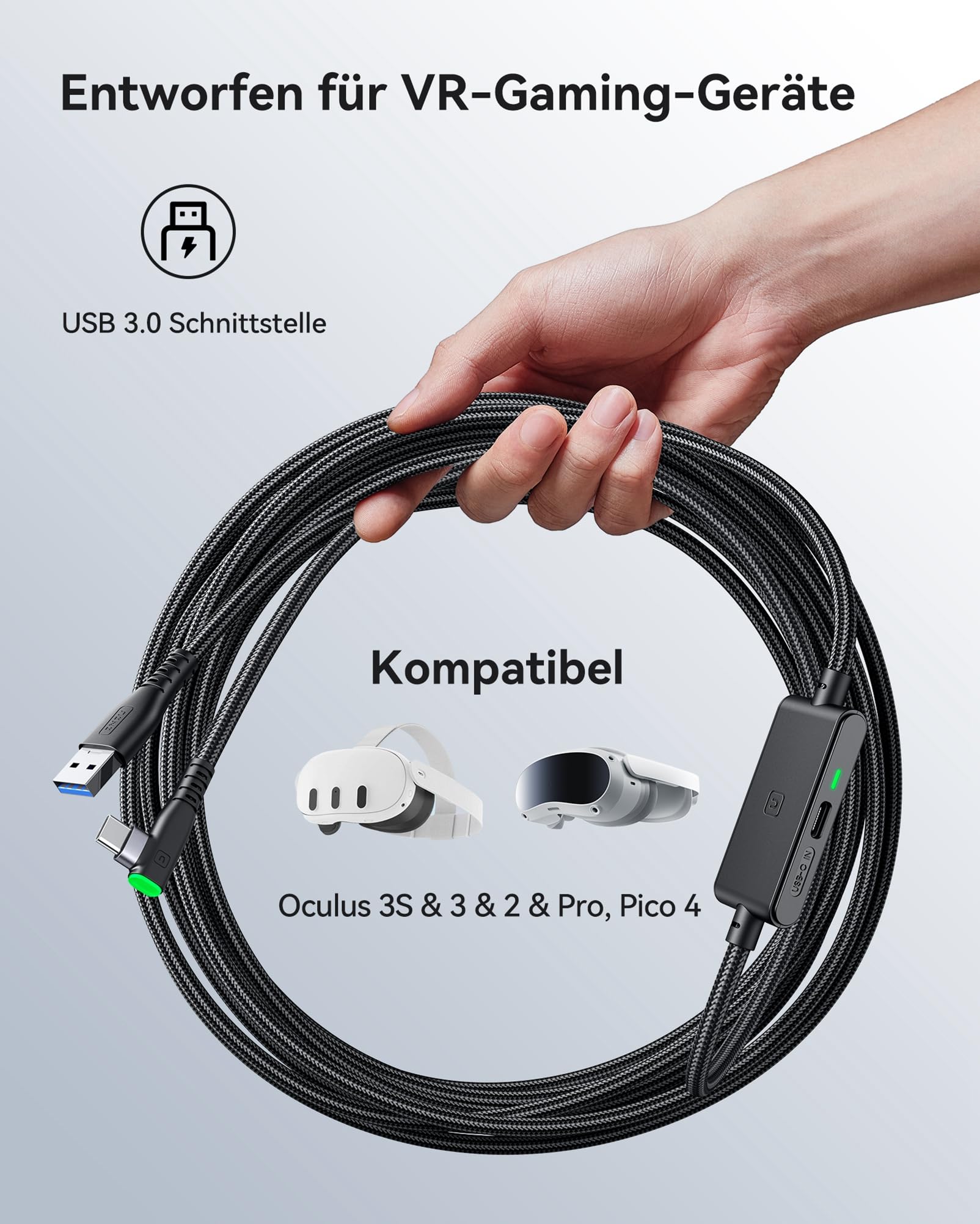 INIU - Cable de enlace de 16 pies compatible con Meta Oculus Quest 2 Pico accesorios y juegos de PC Steam VR, cable de transferencia de datos USB 3.0 tipo C, puerto de carga USB C separado para auriculares VR