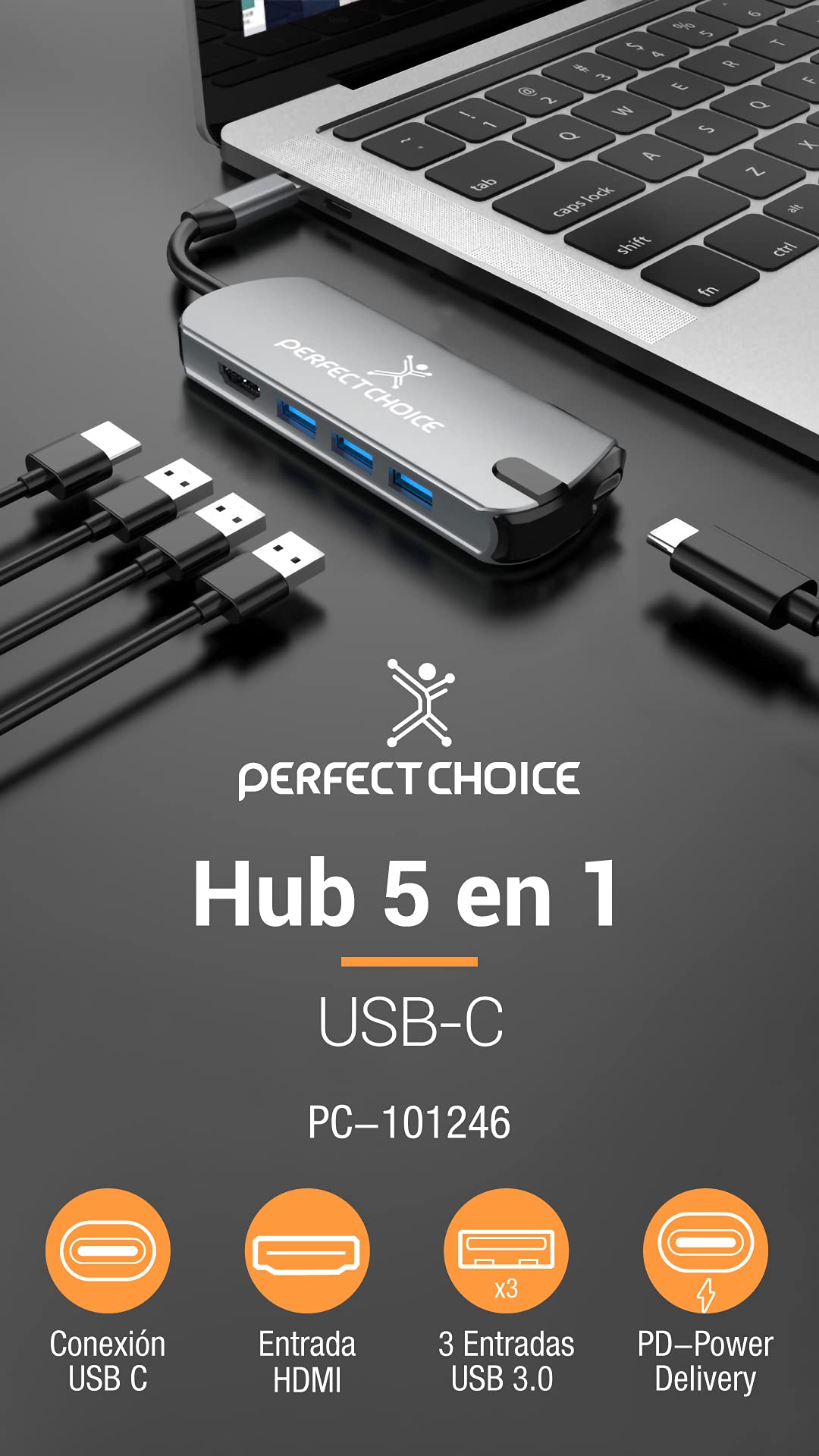 Perfect Choice Hub USB Tipo C con Salidas de 1 Puerto de vídeo HDMI, 3 Puertos USB-A 3.0 y 1 Puerto de Carga PD USB-C, Velocidad de Transferencia hasta 5Gbps,