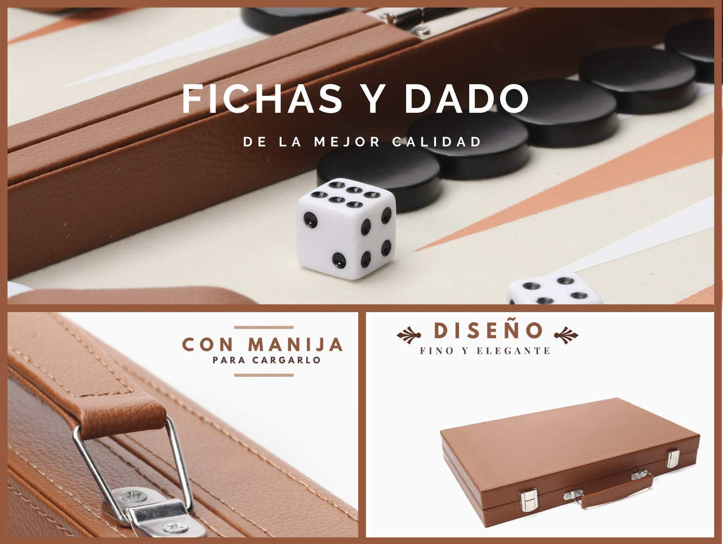 hanylish Backgammon de Cuero Sintético Profesional Elegante con Estuche, Set Completo - Tablero, Dados, Fichas y Cubilete para 2 Jugadores a Partir de 12 Años