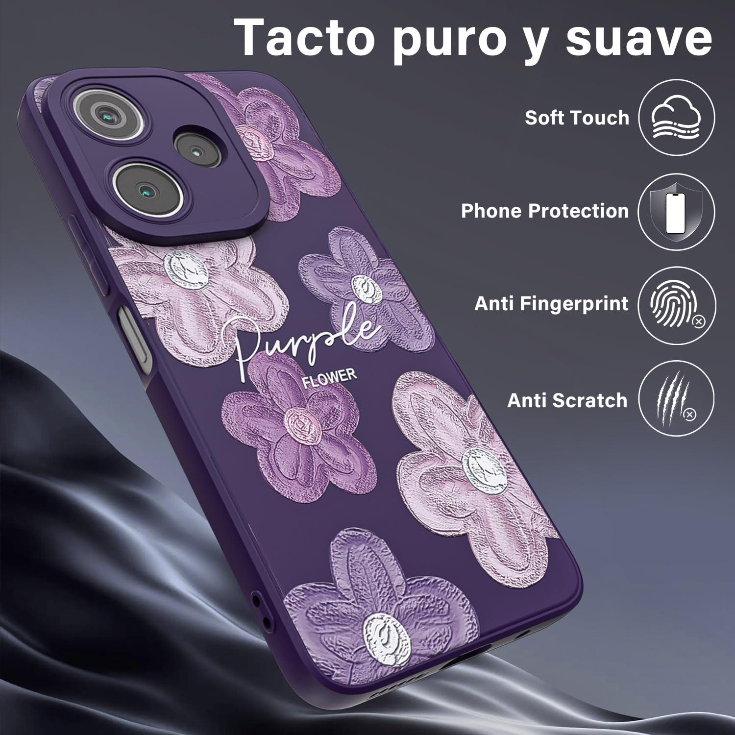 Threehao Funda para Xiaomi Redmi Note 13 4G Case Uso Rudo, Ultra Delgado Flexible Morada Suave TPU Silicona Carcasa con Moda Aesthetic Dibujos Flores, Antigolpes Anti-arañazos Protectora