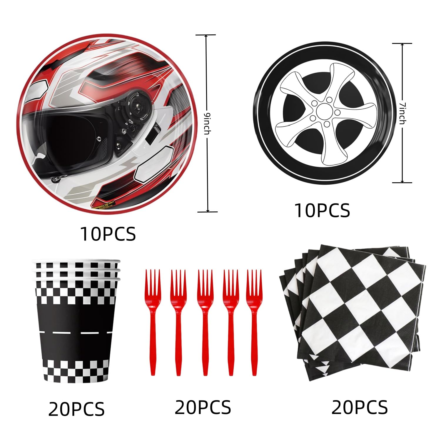 Juego de Platos y Vajilla de Cumpleaños de Carreras de Cascos a Cuadros Blancos y Negros
