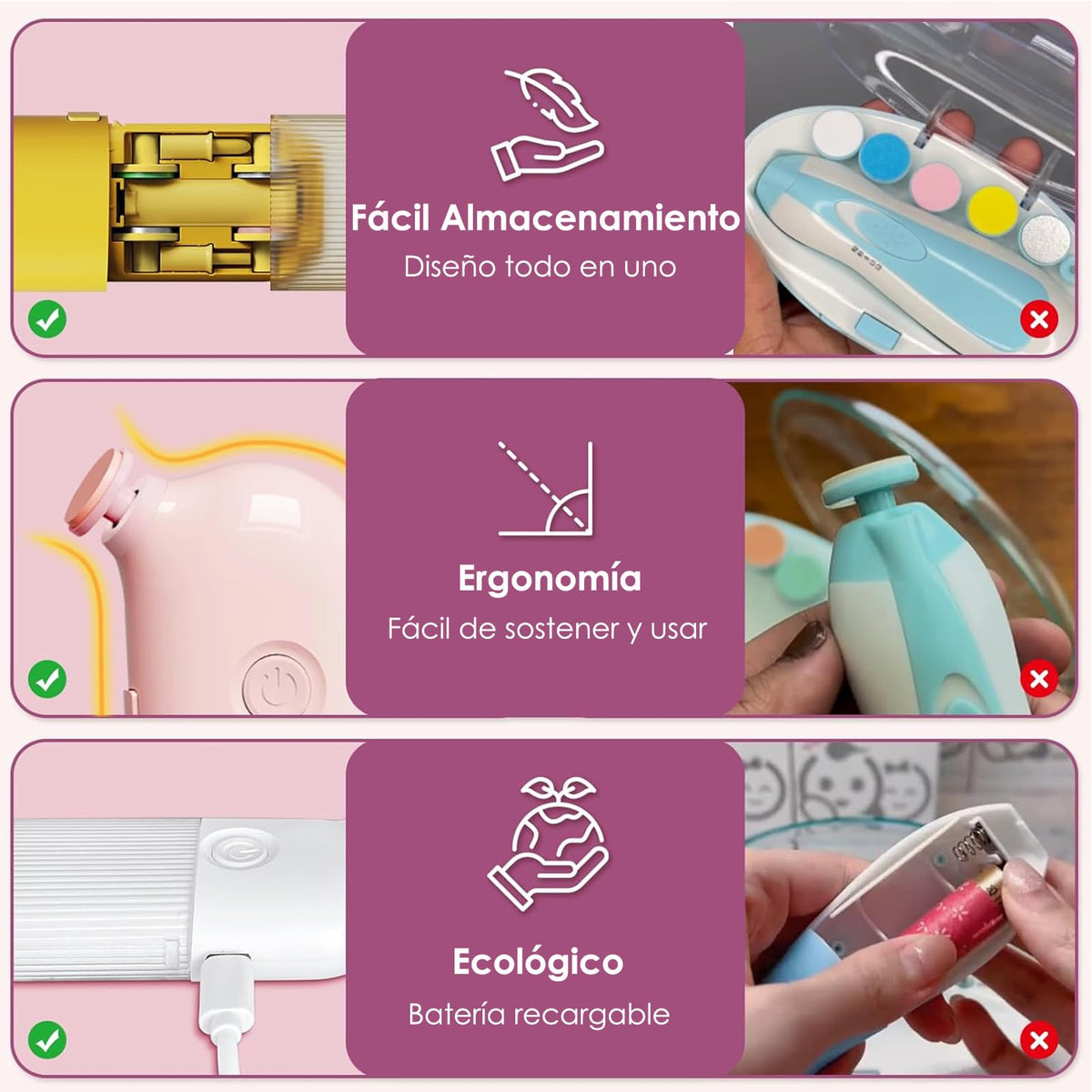 lima de uñas electrica, corta uñas adulto electrico,cuidado de uñas mujer, juego de cortaúñas 6 en 1, con cable de carga USB, bajo nivel de ruido, para niños y niñas de todas las edades, blanco (Blanco)