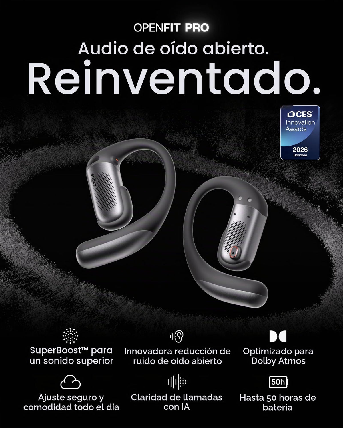 Auriculares Inalámbricos SHOKZ Negro de Oído Abierto con Reducción de Ruido y Llamadas Claras para Trabajo y Deportes