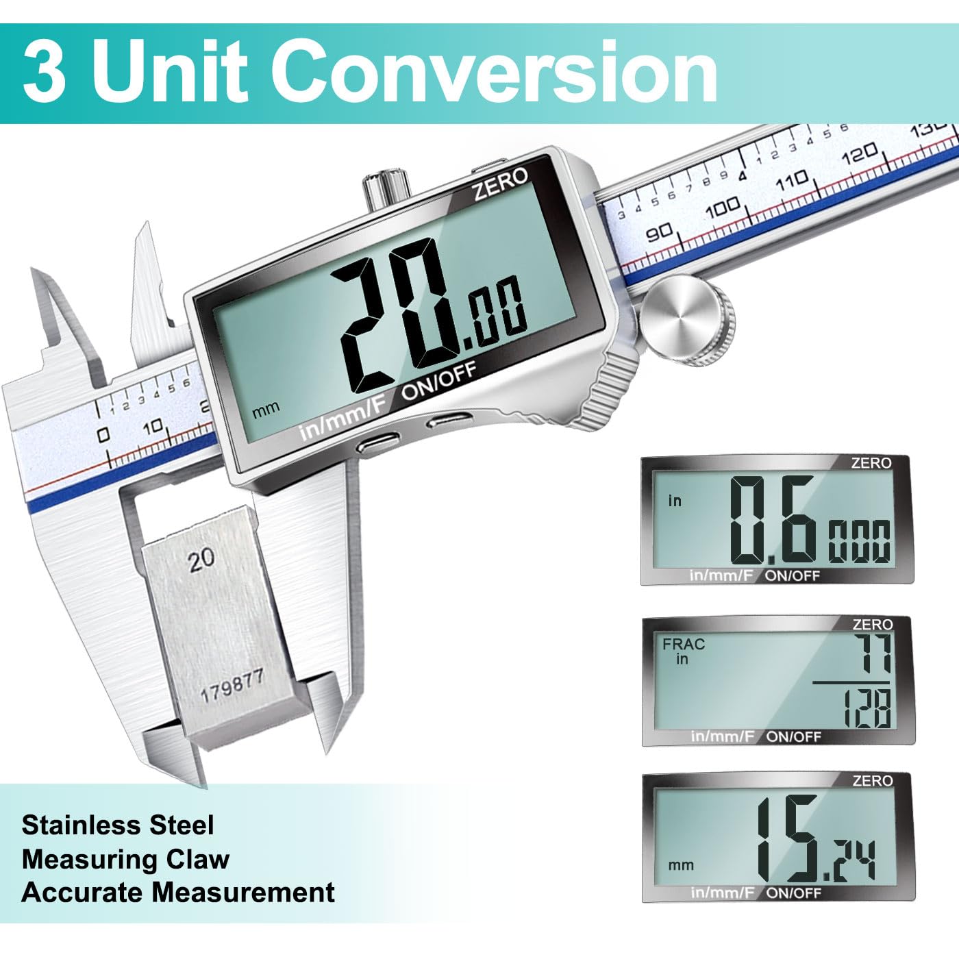Kynup - Calibre digital, herramienta de medición de calibrador con visualización LCD grande, calibre micrómetro, acero inoxidable, a prueba de salpicaduras, fácil interruptor de fracción métrica en