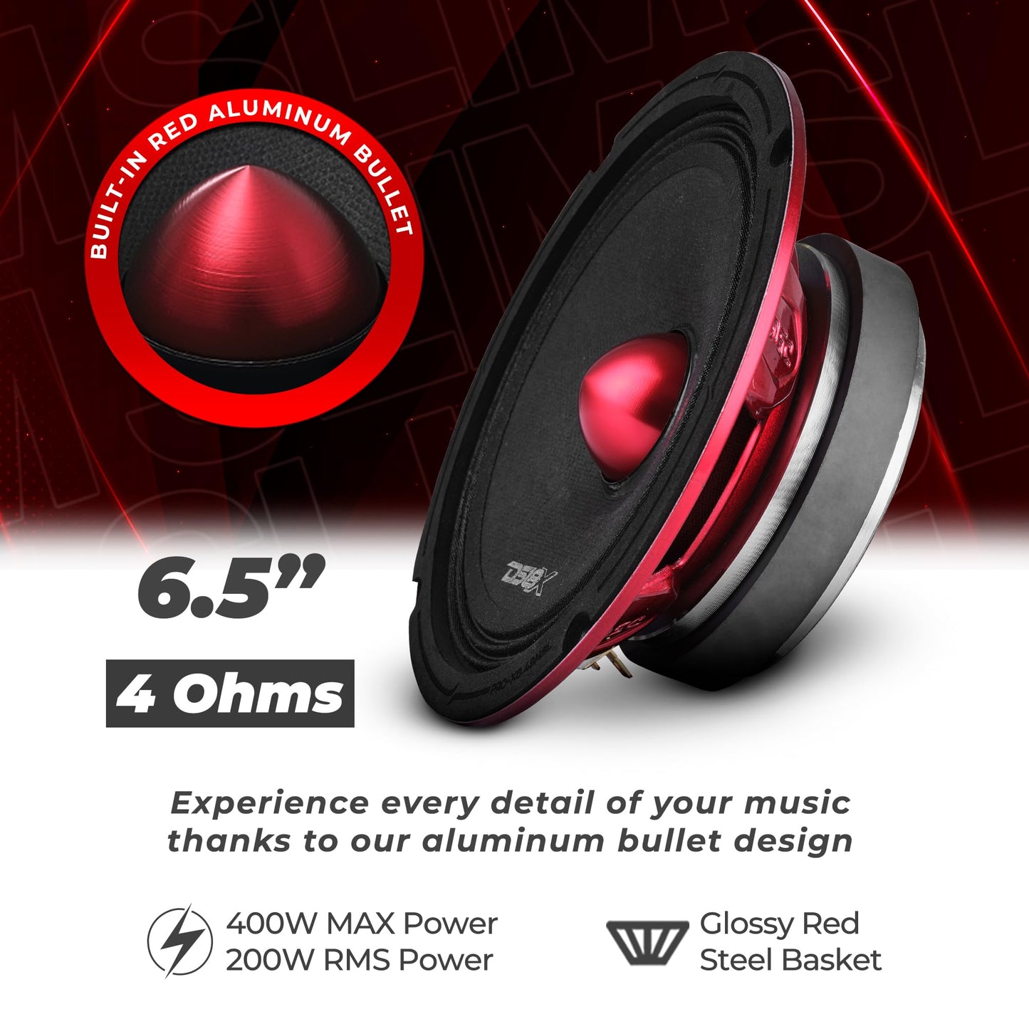 DS18 Pro-X6.4BMSL Slim Loudspeaker - 6.5", Midrange, Red Aluminum Bullet, 500W MAX, 250W RMS, 4 Ohms - Premium Quality Audio Door Speakers for Car or Truck Stereo Sound System (1 Speaker)