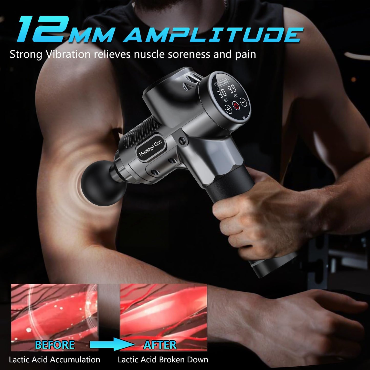 Pistola de Masaje Muscular, Masaje Eléctrico de Mano con 8 Cabezales y 30 Velocidades Ajustables, Masajeador Muscular de Tejido Profundo para Aliviar el Dolor, Dispositivo de Masaje Masajeadores Eléctricos Ideal para Músculos, Hombros, Cuello, Espalda, Pi
