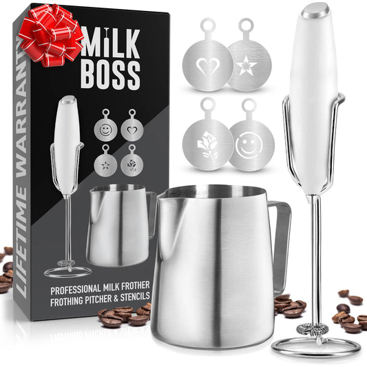 Juego Completo de Espumador de Leche Milk Boss Ultra Mejorado con Soporte en Mini Licuadora de Mano para Café