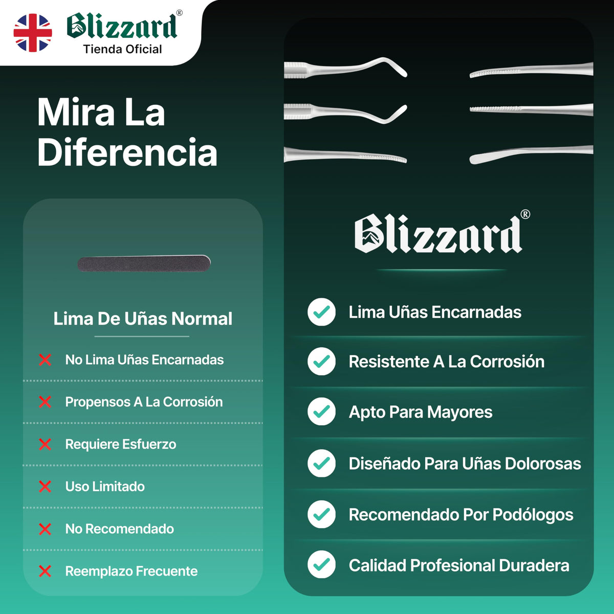Blizzard Kit Pedicura Profesional 3 Piezas - Herramientas para Uñas Encarnadas y Delicadas - Utensilios de Acero Inoxidable Podología Limpiador Elevador Lima Doble Cuidado de Pies Premium