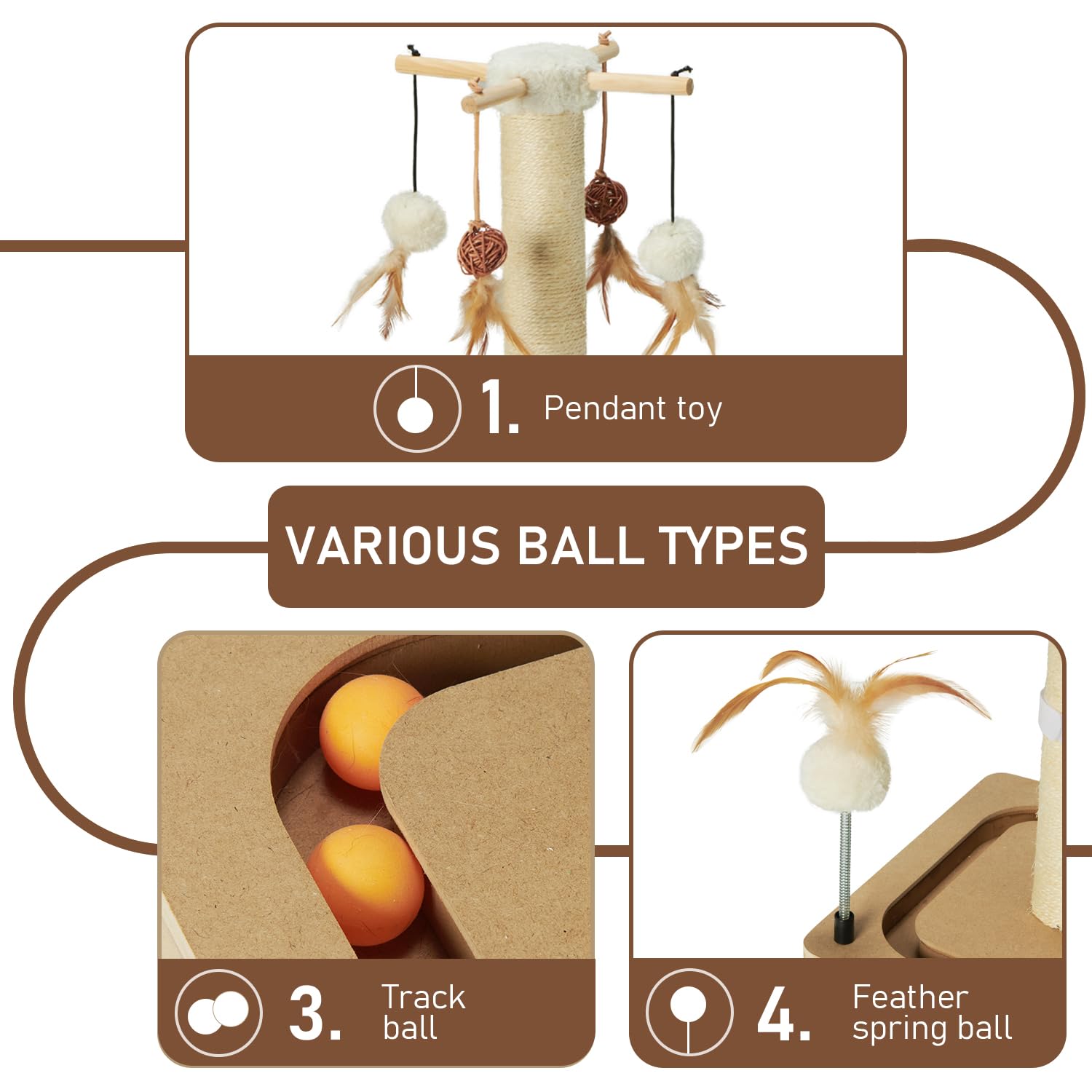 Poste Rascador para Gatos PEEKAB Beige con Bola de Pista y Juguetes para Gatitos de Interior