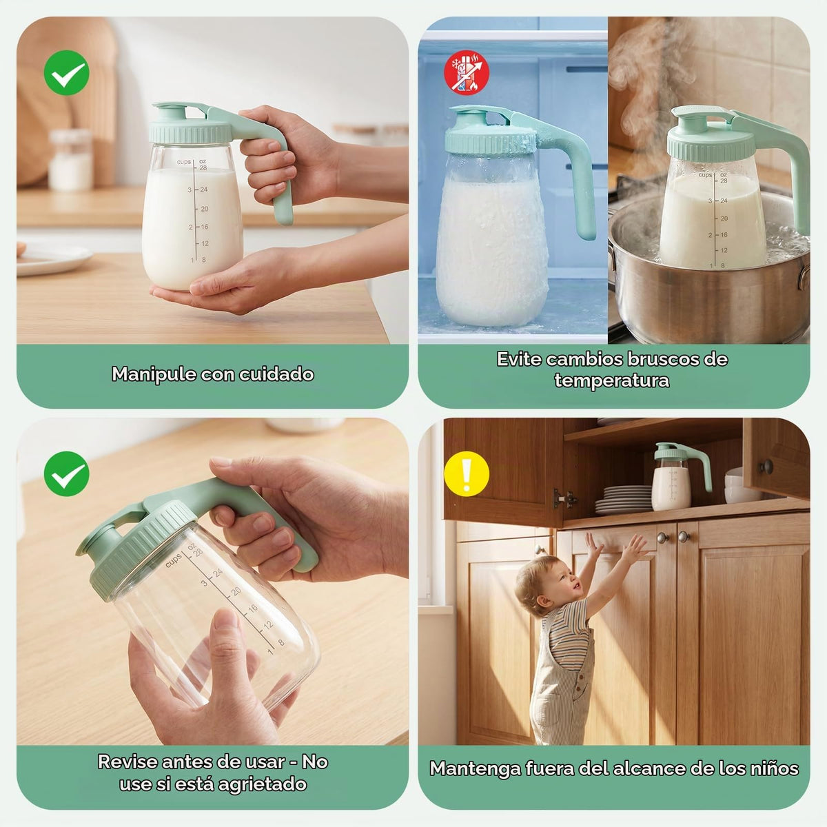 Momcozy Jarra de Vidrio para Leche Materna, Boca Ancha, Antiderrames, Resistente al Calor y al Frío, con Tapa Plana y Tapa con Asa, 2 Piezas de 32 oz (64 oz Totales)