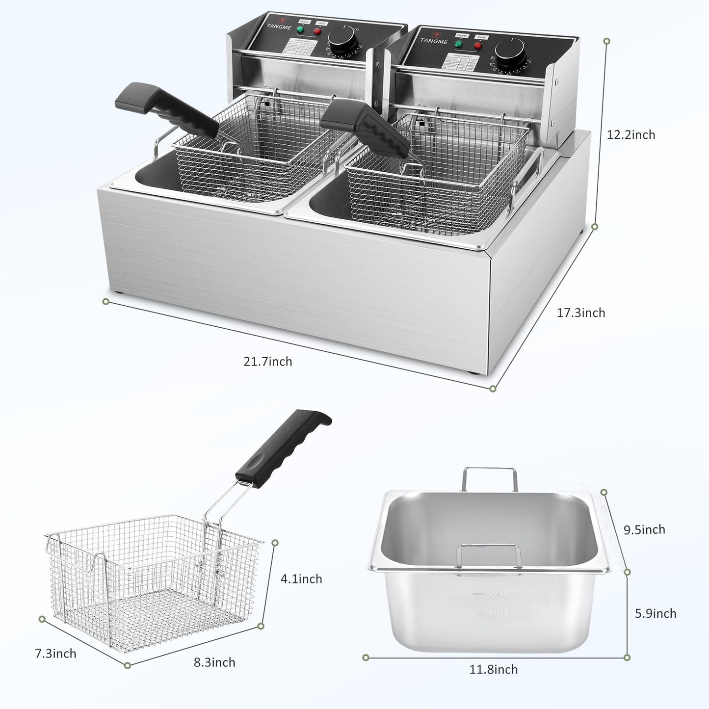 Freidora comercial – Freidora eléctrica de 3400 W con cestas de 2 x 6.35 cuartos de galón de acero inoxidable de 0.6 mm de espesor, 20.7 cuartos de galón de gran capacidad con limitador de temperatura