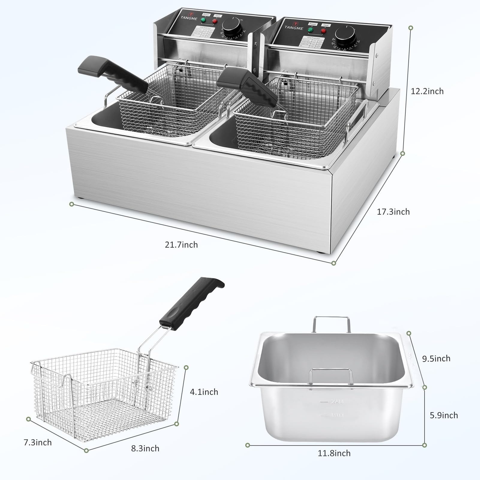 Freidora comercial – Freidora eléctrica de 3400 W con cestas de 2 x 6.35 cuartos de galón de acero inoxidable de 0.6 mm de espesor, 20.7 cuartos de galón de gran capacidad con limitador de temperatura