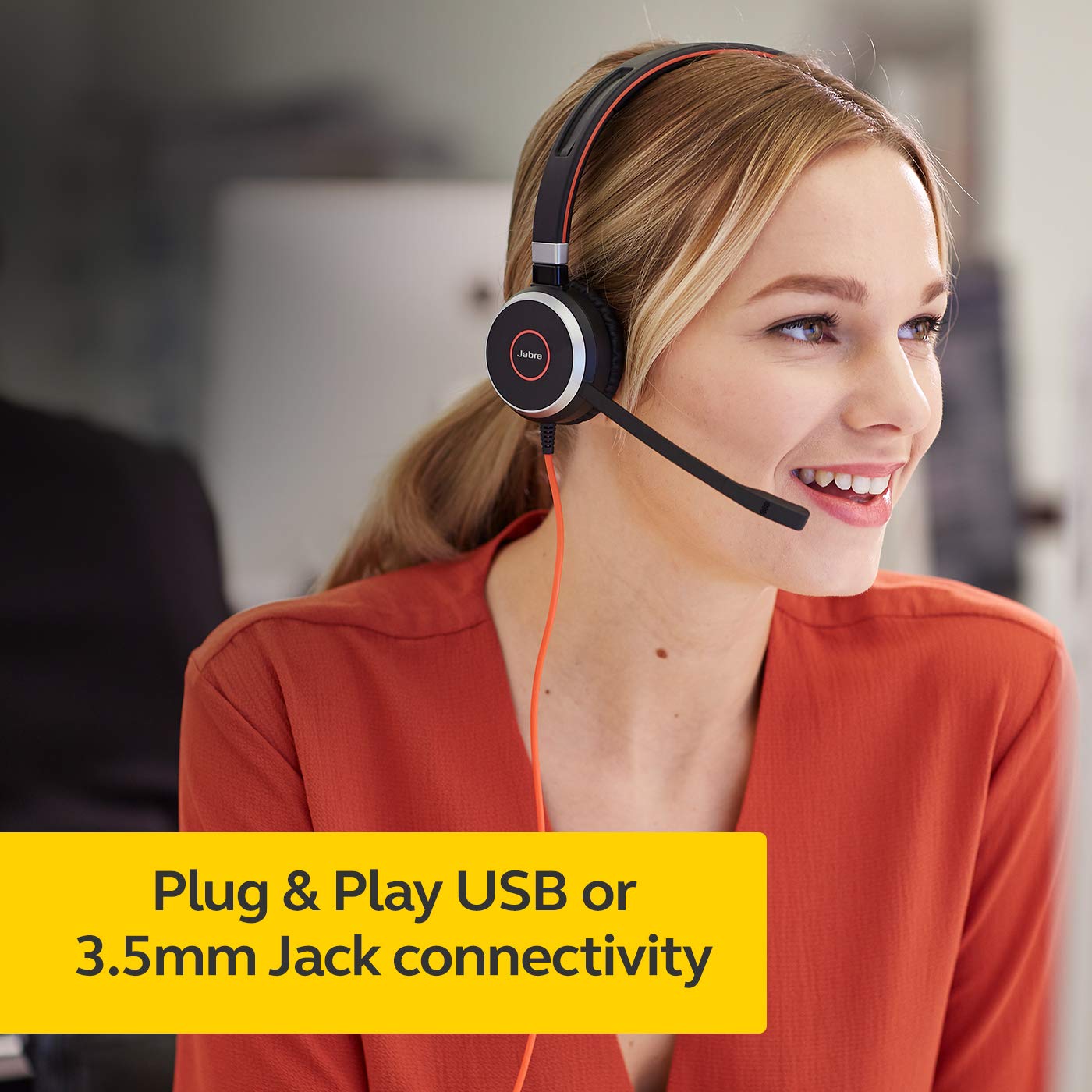 Jabra Evolve 40 - Auriculares con Cable Profesionales, estéreo, optimizados para MS, Auriculares de teléfono para Mayor productividad, Sonido Superior para Llamadas y música, conexión Jack/USB de 3.5