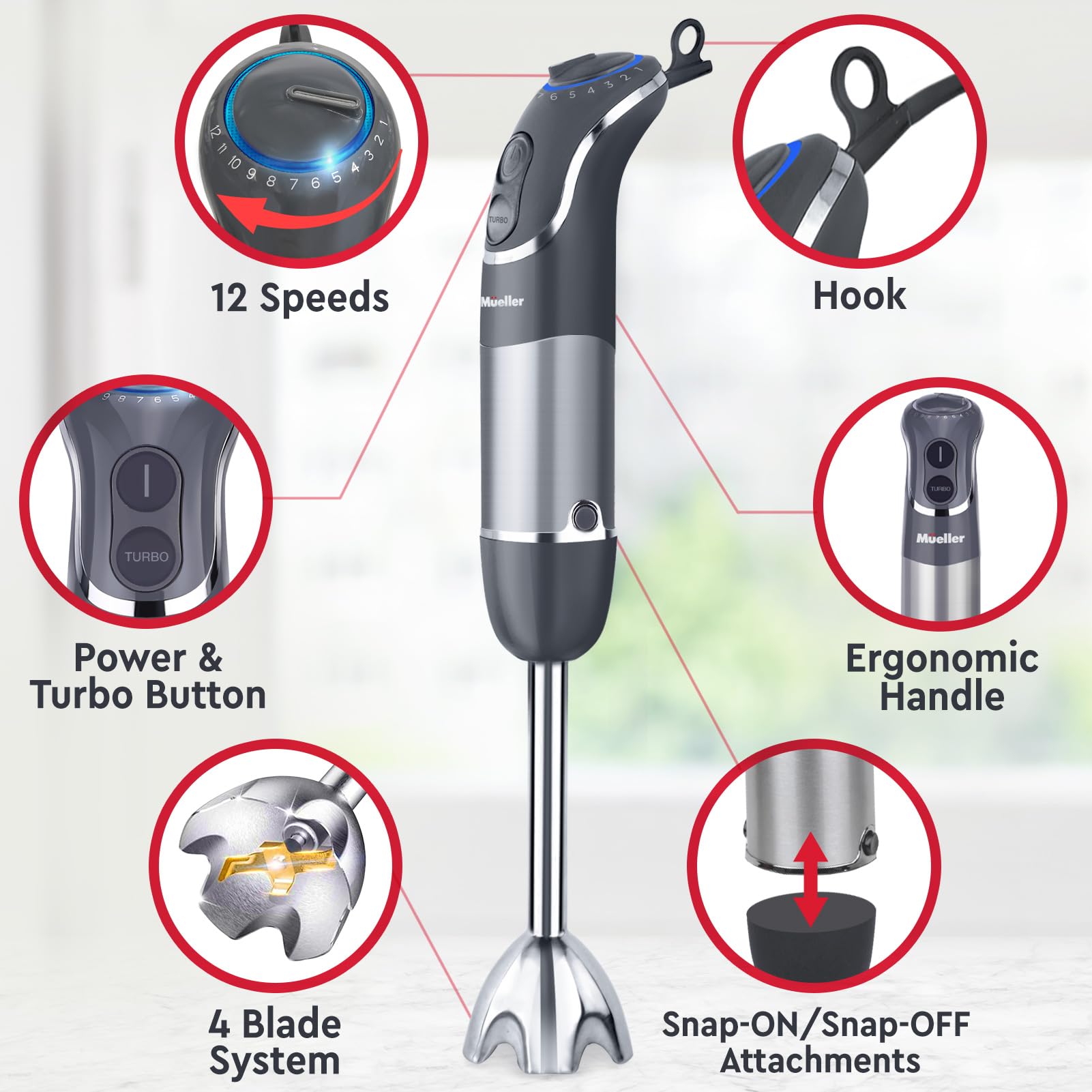 Licuadora de Inmersión Mueller Negro 800 W 12 Velocidades y Modo Turbo con Cuchillas de Acero de Titanio