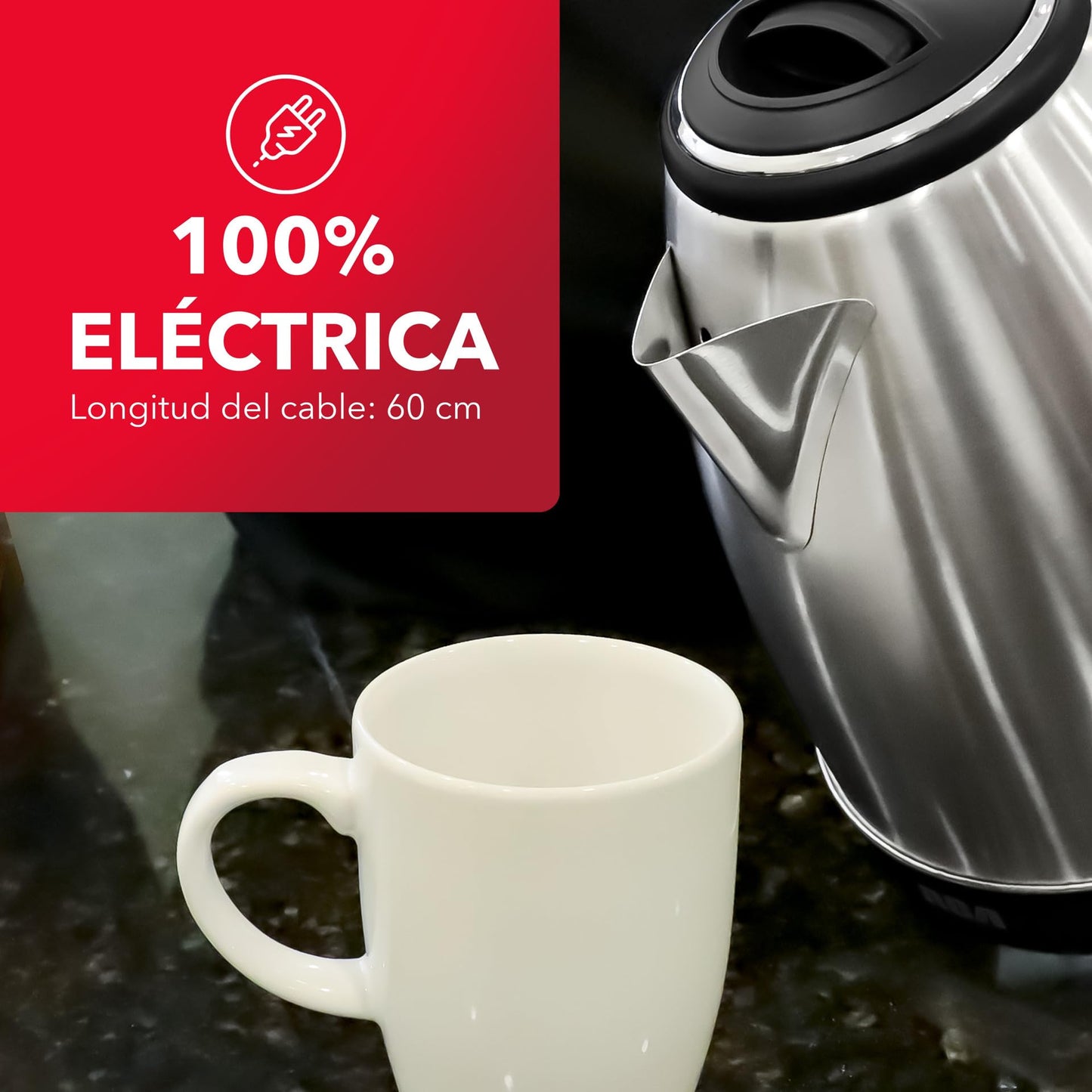 Tetera Eléctrica RCA Acero Inoxidable Luz LED Base Giratoria Apagado Automático 1.8 Litros Diseño Elegante