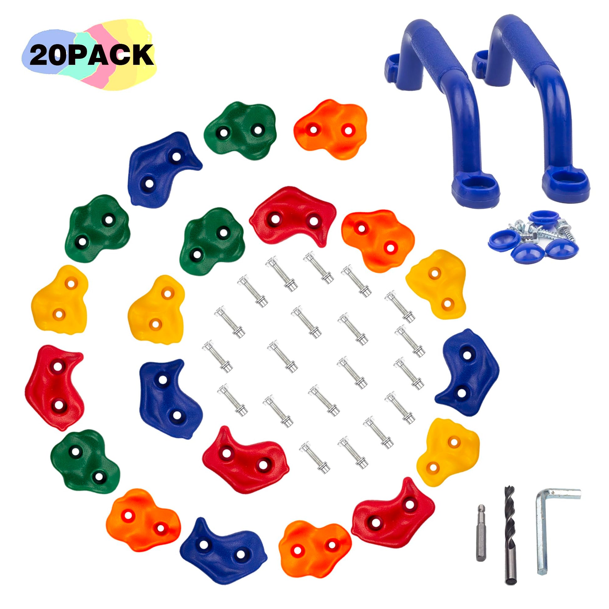 KINSPORY 20 Piezas de agarres de Escalada en Roca con Nariz de Cerdo Colorida con Dos Asas Azules, Juego de Accesorios de Montaje Incluido