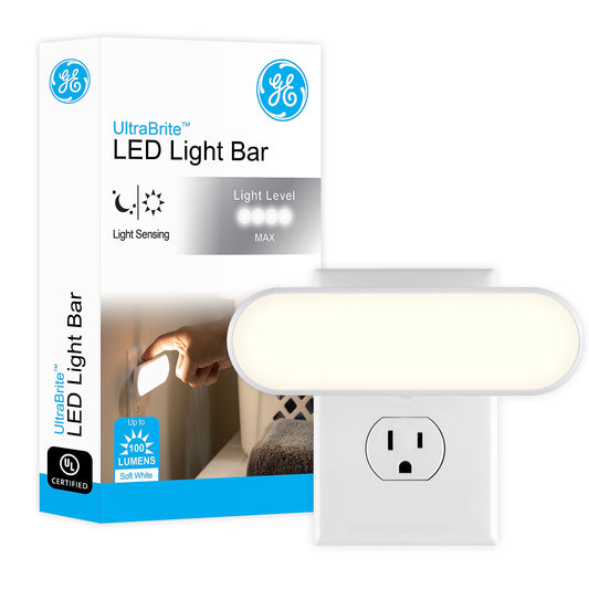 GE Ultrabrite, Barra de Luz LED, Enchúfable, Sensor de Luz, con Apagado al Amanecer, 100 Lúmenes, Ideal para Dormitorio, Baño, Pasillo, Cocina, Eficiencia Energética, Blanco, Paquete de 1, 12498