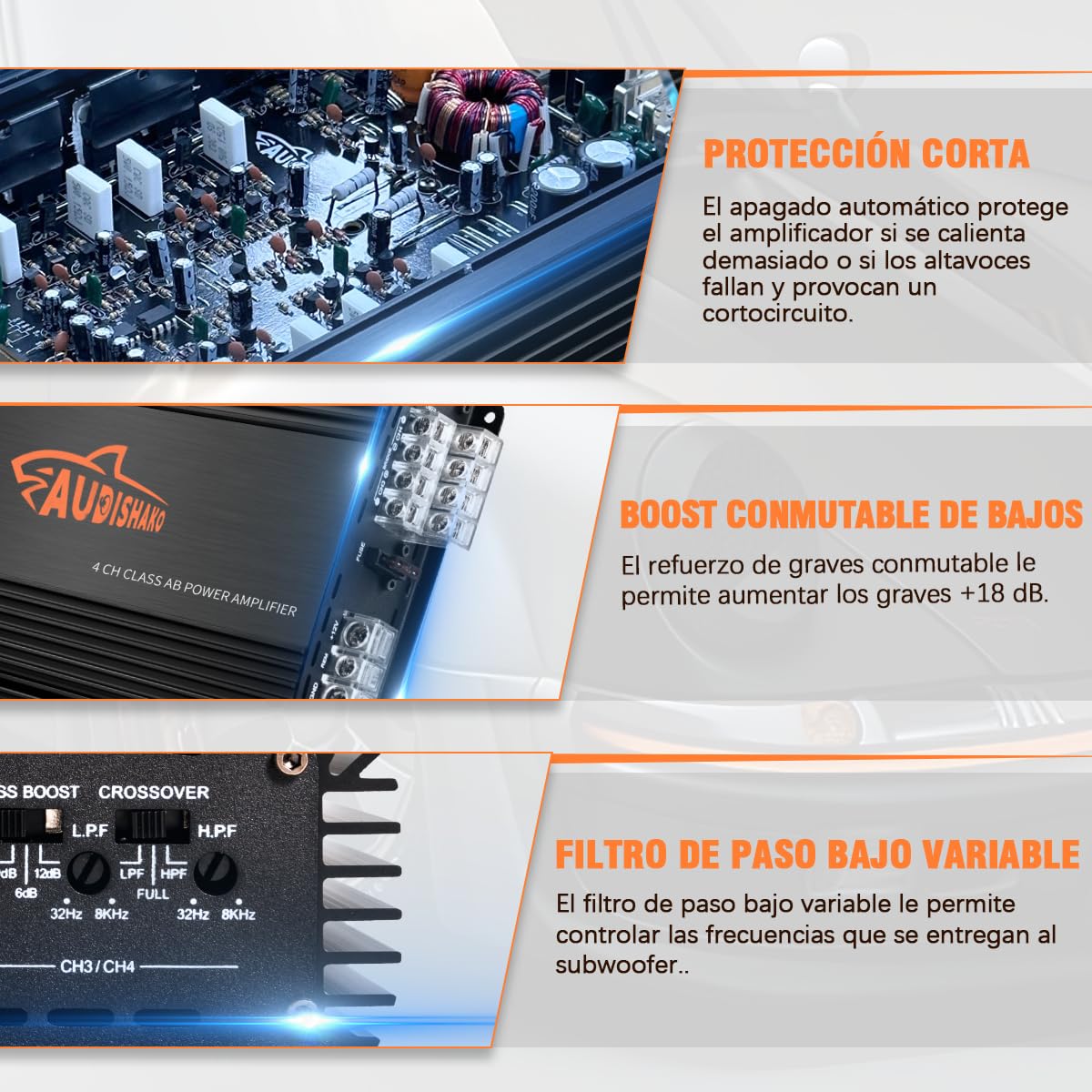 AUDISHAKO 1200W Amplificador de Audio para Coche de 4 Canales,Amplificador para Auto de Clase A/B, 2 Ohm 160W x 4 Canales, Coches Deportivos y Otros Sistemas de Audio para Coche