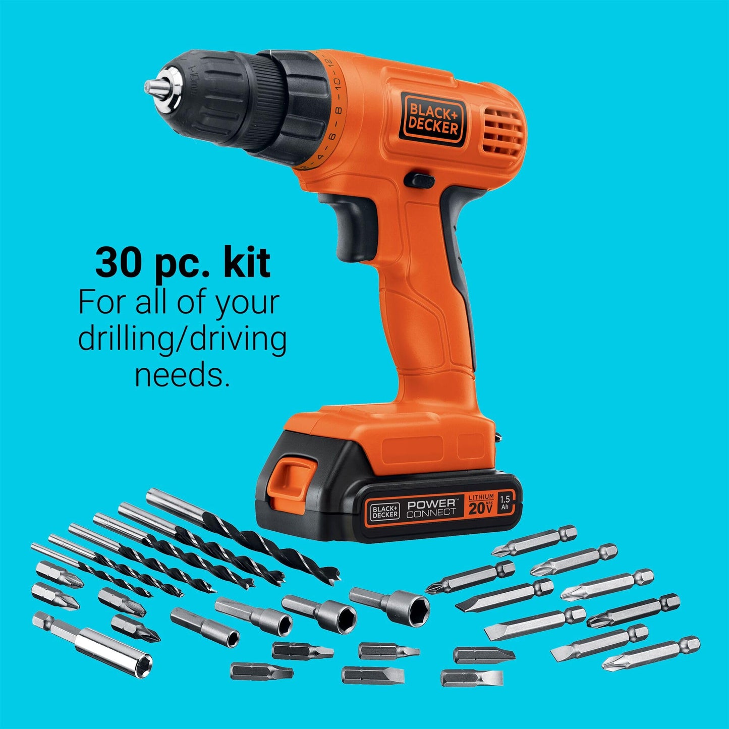 BLACK+DECKER 20 V MAX* POWERECONNECT Taladro/desarmador inalámbrico + 30 piezas. Kit (LD120VA).