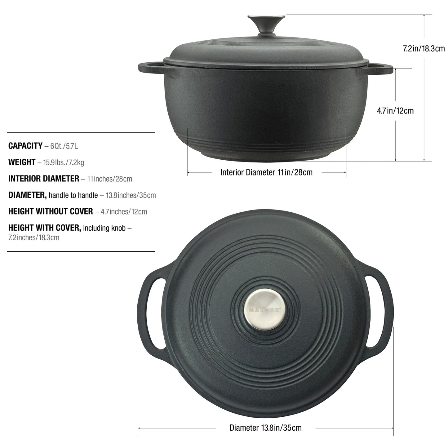 Mercer Culinary Horno holandés redondo de hierro fundido esmaltado, 6 cuartos de galón, negro mate