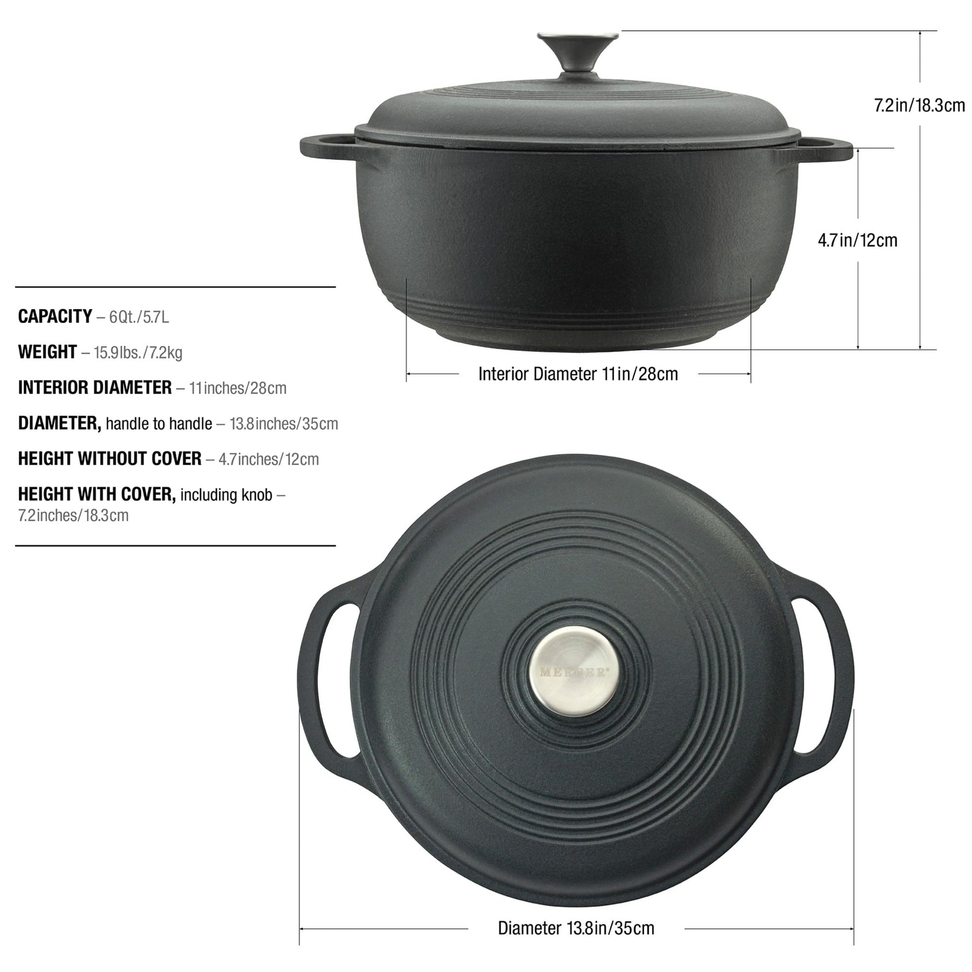 Mercer Culinary Horno holandés redondo de hierro fundido esmaltado, 6 cuartos de galón, negro mate