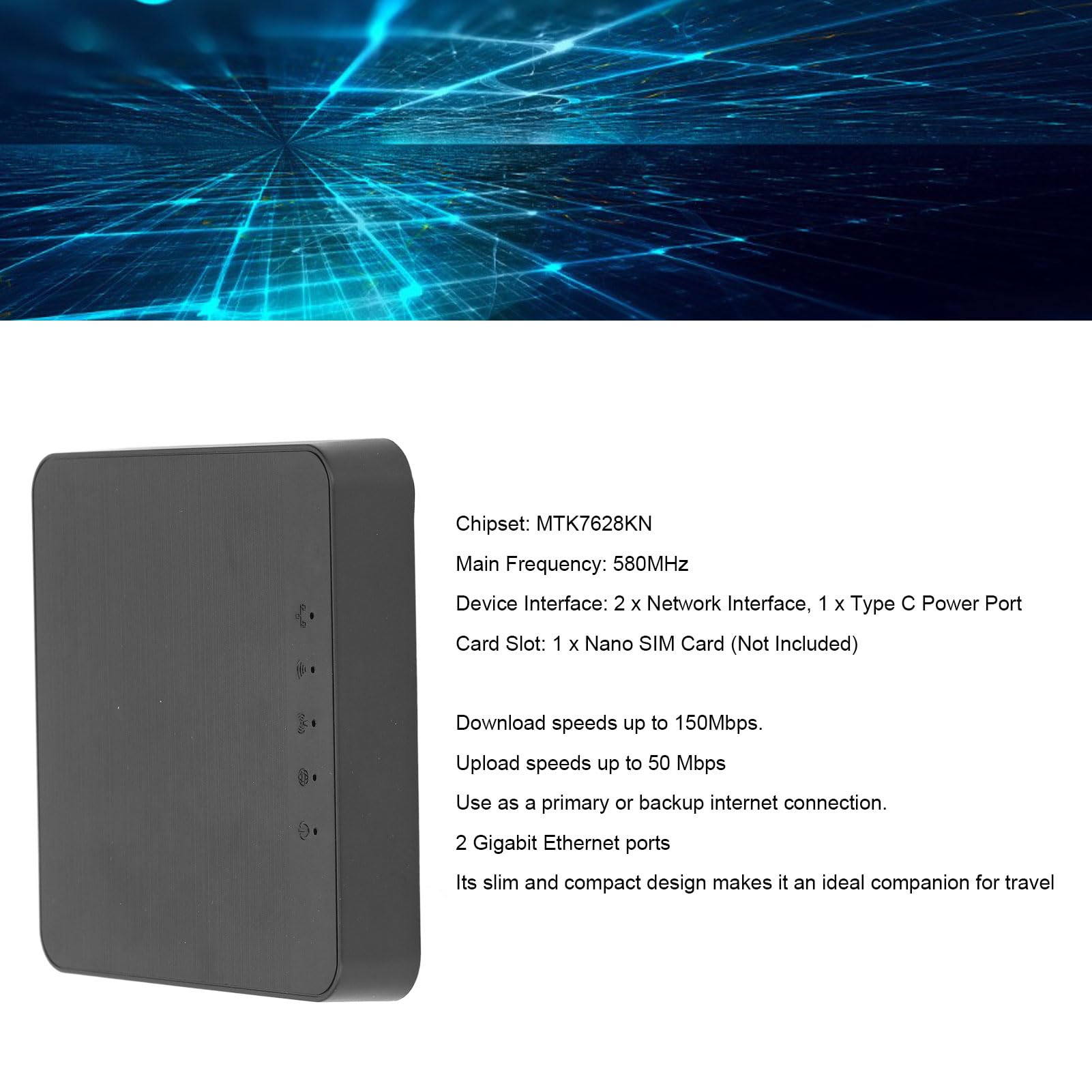 Enrutador de Viaje 4G LTE WiFi Portátil para Europeos con 2 Puertos Gigabit Ethernet y Tarjeta Nano SIM