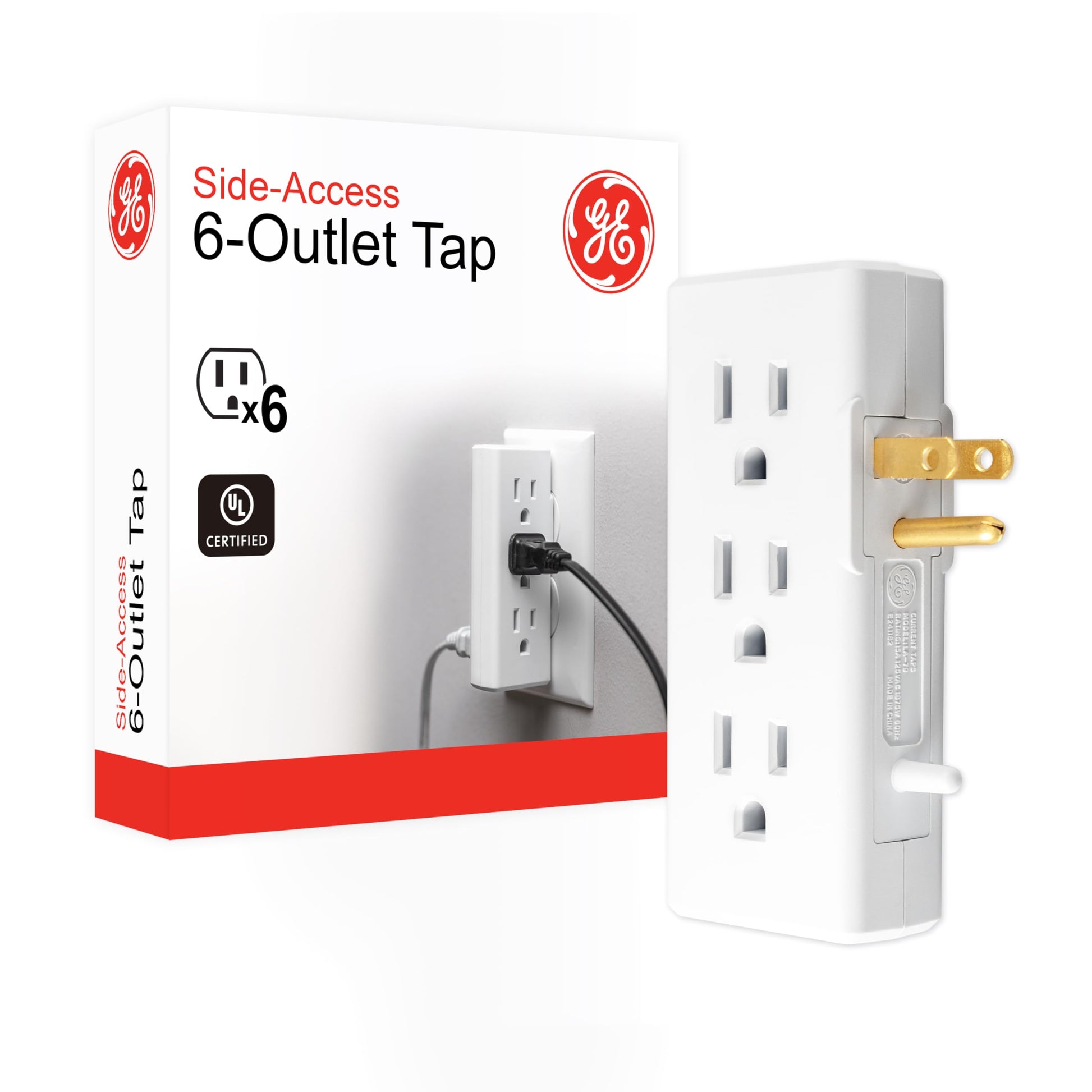 GE home electrical Extensor de 6 salidas con acceso lateral, llave de pared, gira 2 salidas en 6, 3 puntas, clasificación interior, listado UL, blanco, 54543