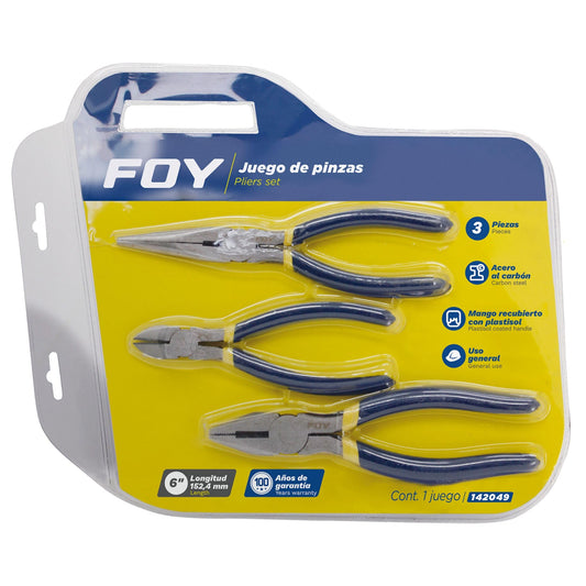 Foy 142049 Juego de pinzas para electricista con mango con doble plastisol, 3 piezas