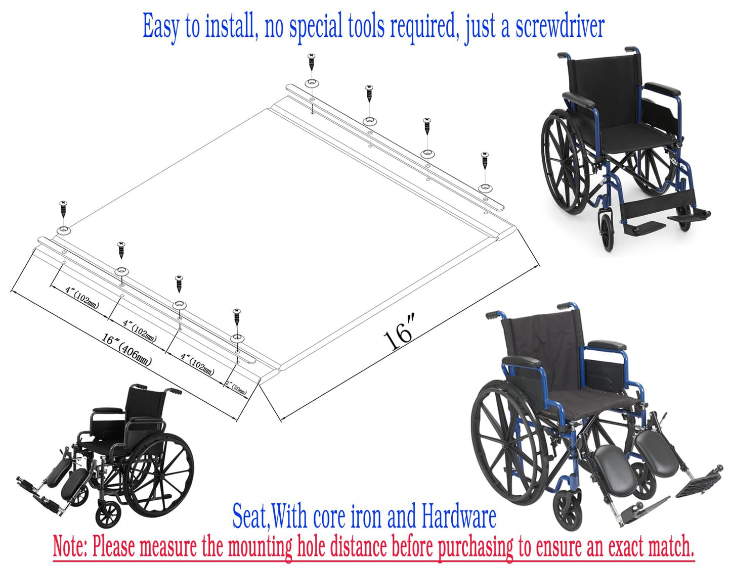ForconMed Asiento De Silla De Ruedas Blue Streak De 16", Asiento De Repuesto Para Silla De Ruedas, 16 X 16", Tapizado De Nailon, Piezas De Repuesto Para Silla De Ruedas, Con Herrajes, Estándar 3J2416.