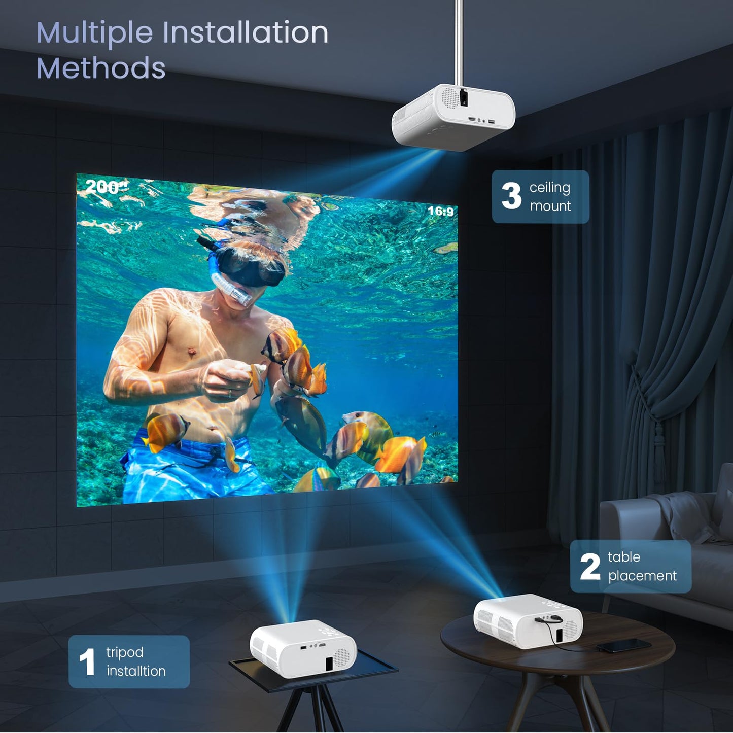 HOMPOW Proyector, proyector Bluetooth 1080P Full HD con altavoz, mini proyector portátil de películas para exteriores, compatible con portátil, smartphone, TV Stick, Xbox, PS5