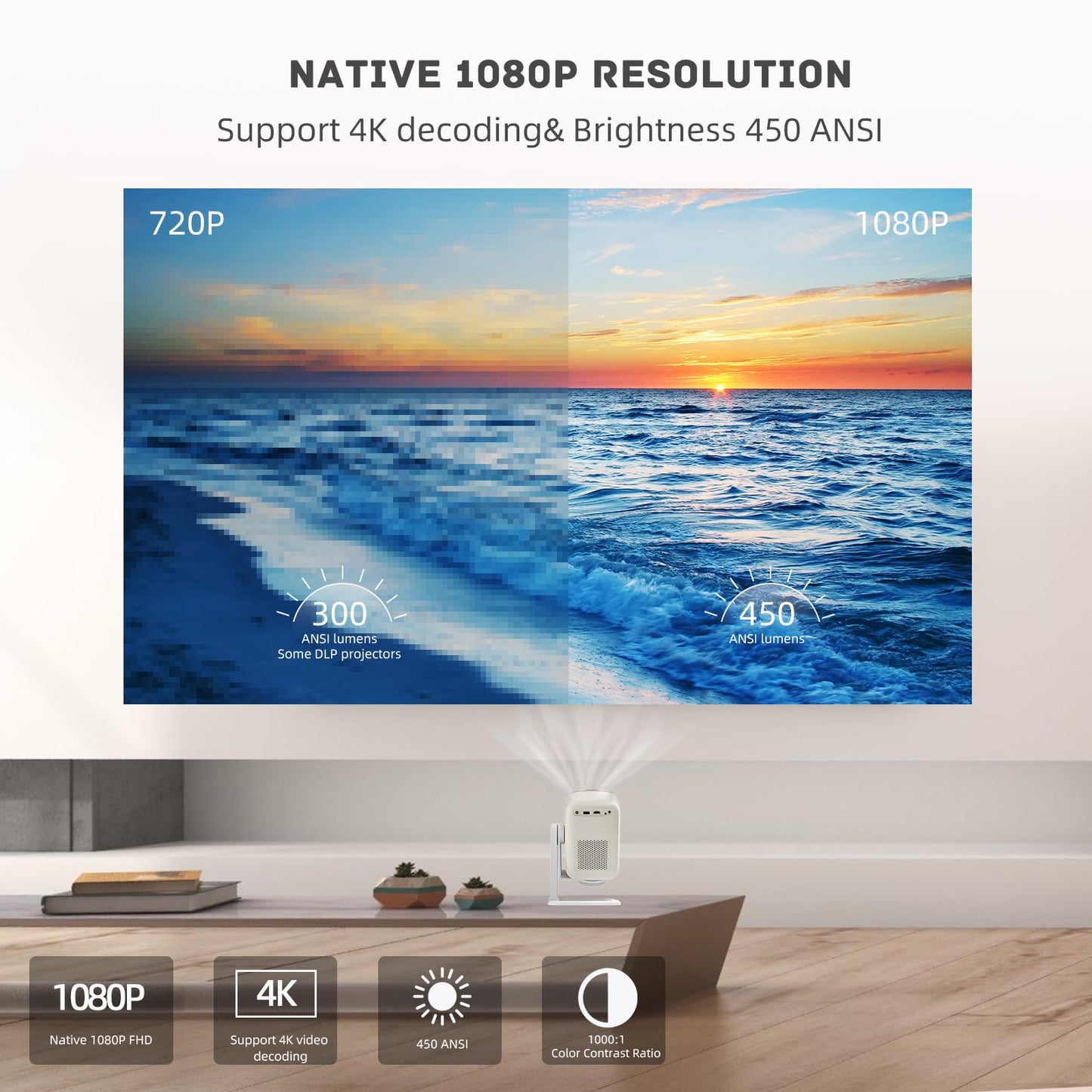 Kinhank Proyector inteligente con WiFi 6 y BT5.2, proyector de película portátil, 450 lúmenes ANSI, 4K nativo 1080P, enfoque automático y piedra clave automática, compatible con iOS/Android/HDMI