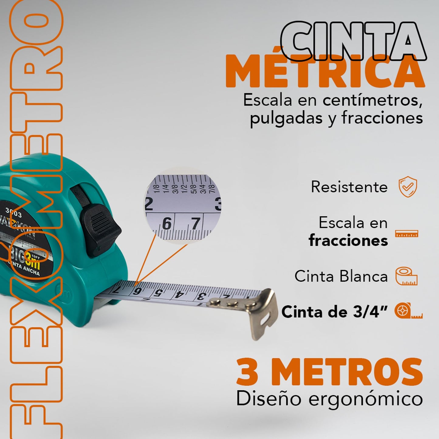 Cinta Metrica - Flexometro 3 M | Cinta Ancha de 19mm (3/4") | Herramientas Ergonómicas | Escala en Centímetros, Pulgadas y Fracciones | Verde | Cinta Blanca para Mayor Visibilidad | WALKON