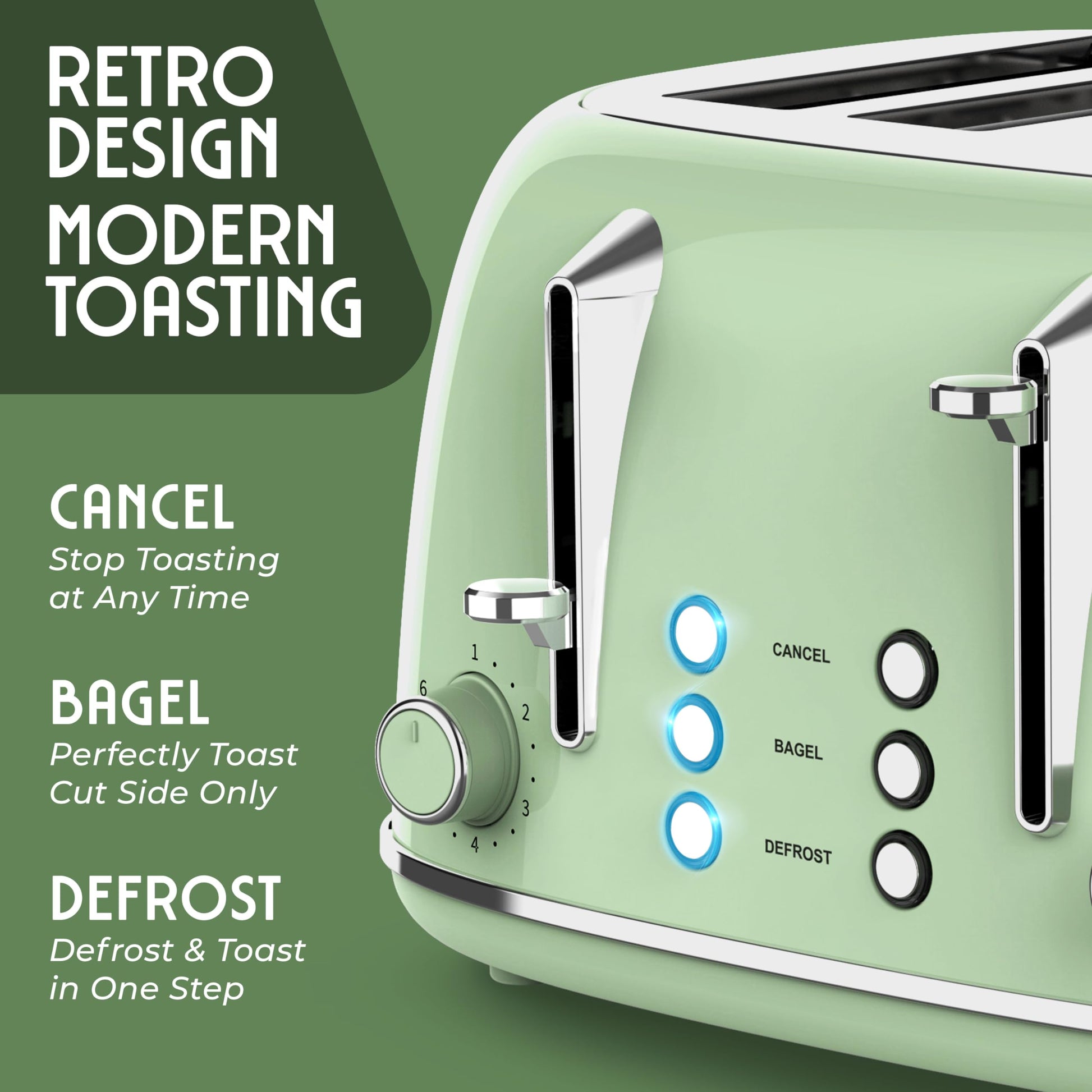 Mueller - Tostador retro con 7 niveles de tostado y 3 funciones, calentar, descongelar y cancelar, acero inoxidable, charola de residuos extraíble, compartimento para cable bajo la base, verde salvia