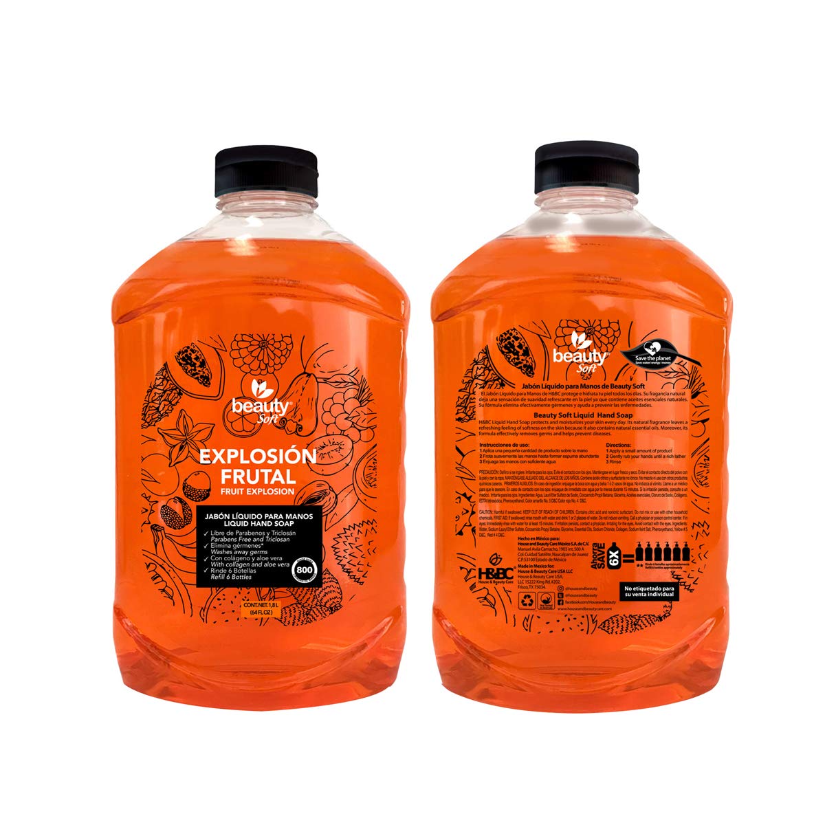 Jabón liquido para manos antibacterial 1.8 Litros Libre de Parabenos y Triclosán con Colageno y Aloe Vera Explosión Frutal
