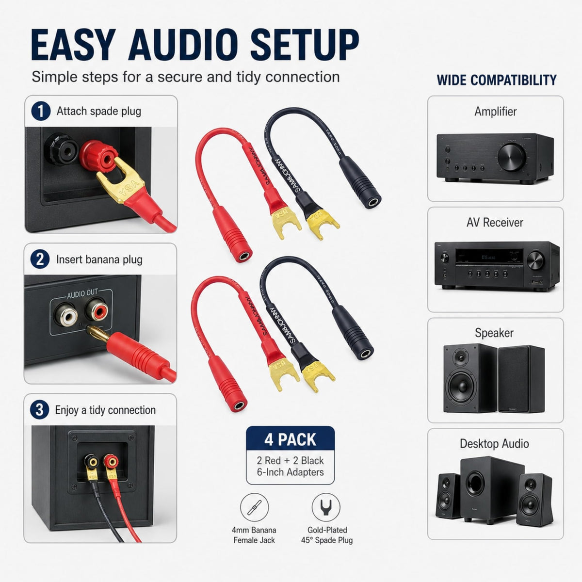 Conectores de Pala Sam&Johnny Dorados a Cable de Altavoz 4 mm con Construcción Soldada Paquete de 4 Unidades