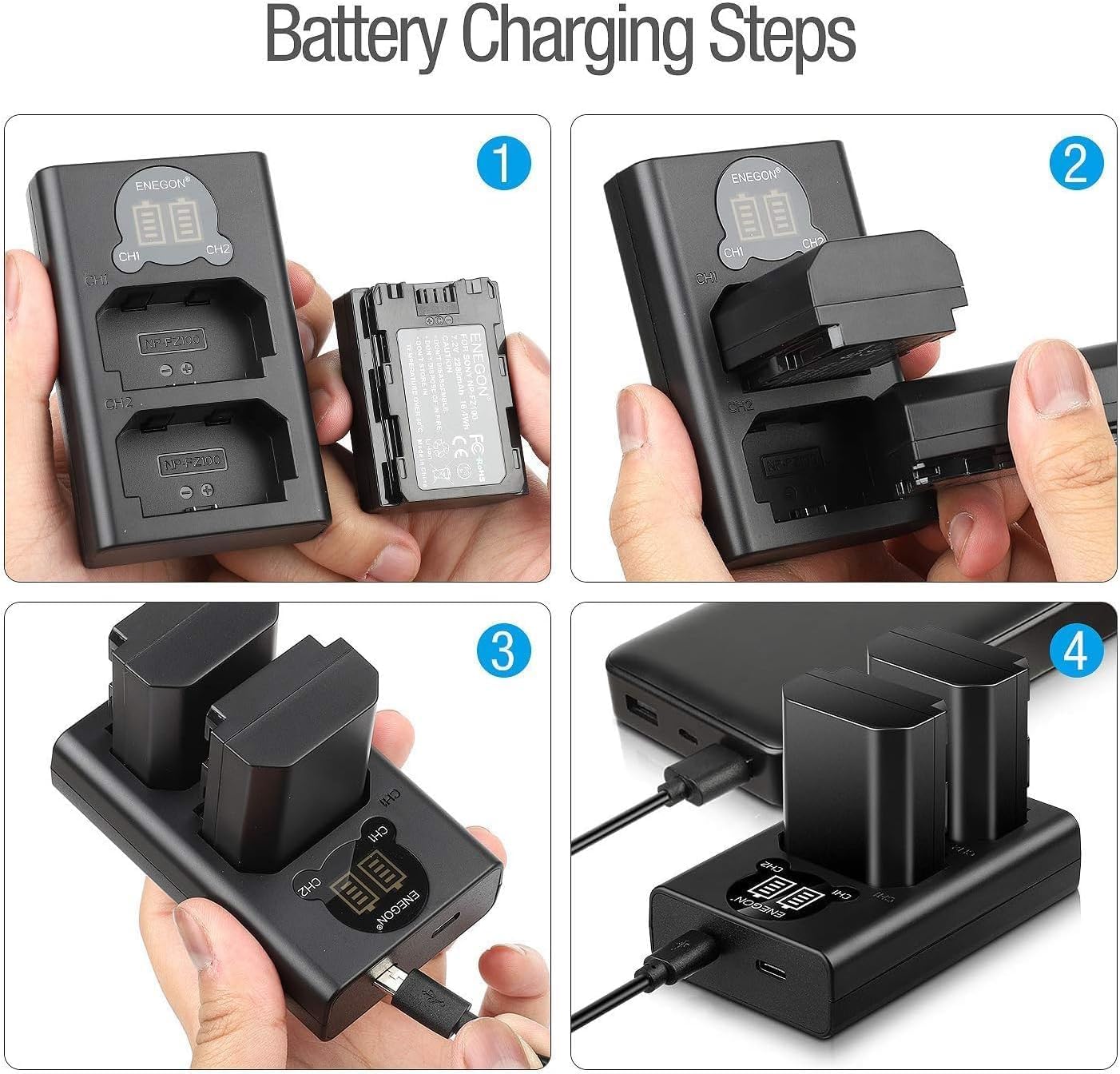 Batería de Repuesto ENEGON Negro Paquete de 2 con Cargador Dual USB para Sony NP-FZ100 y Alpha Serie A9/A7R/A6600