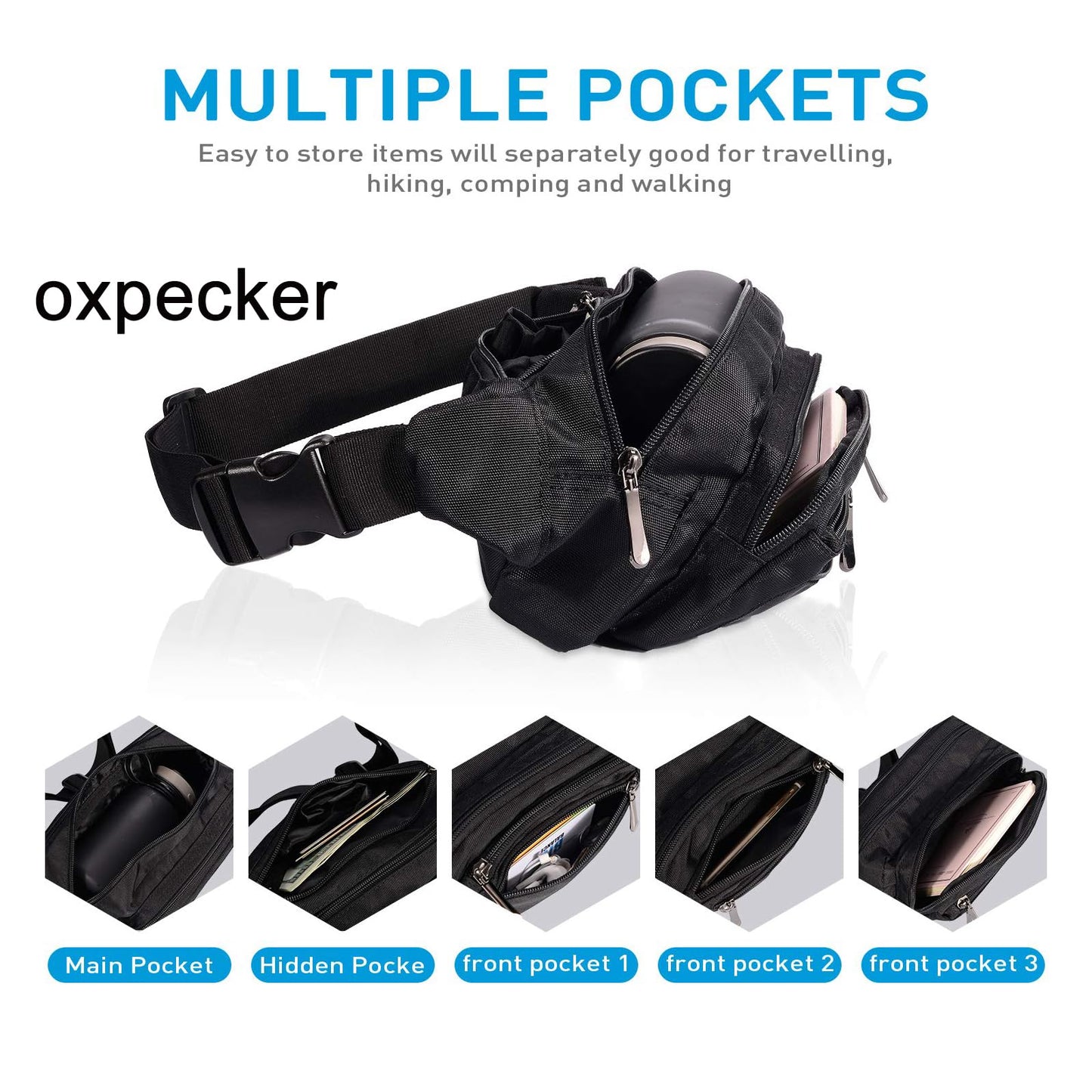 Riñonera Oxpecker Negro impermeable con Correa Ajustable para Hombres y Mujeres