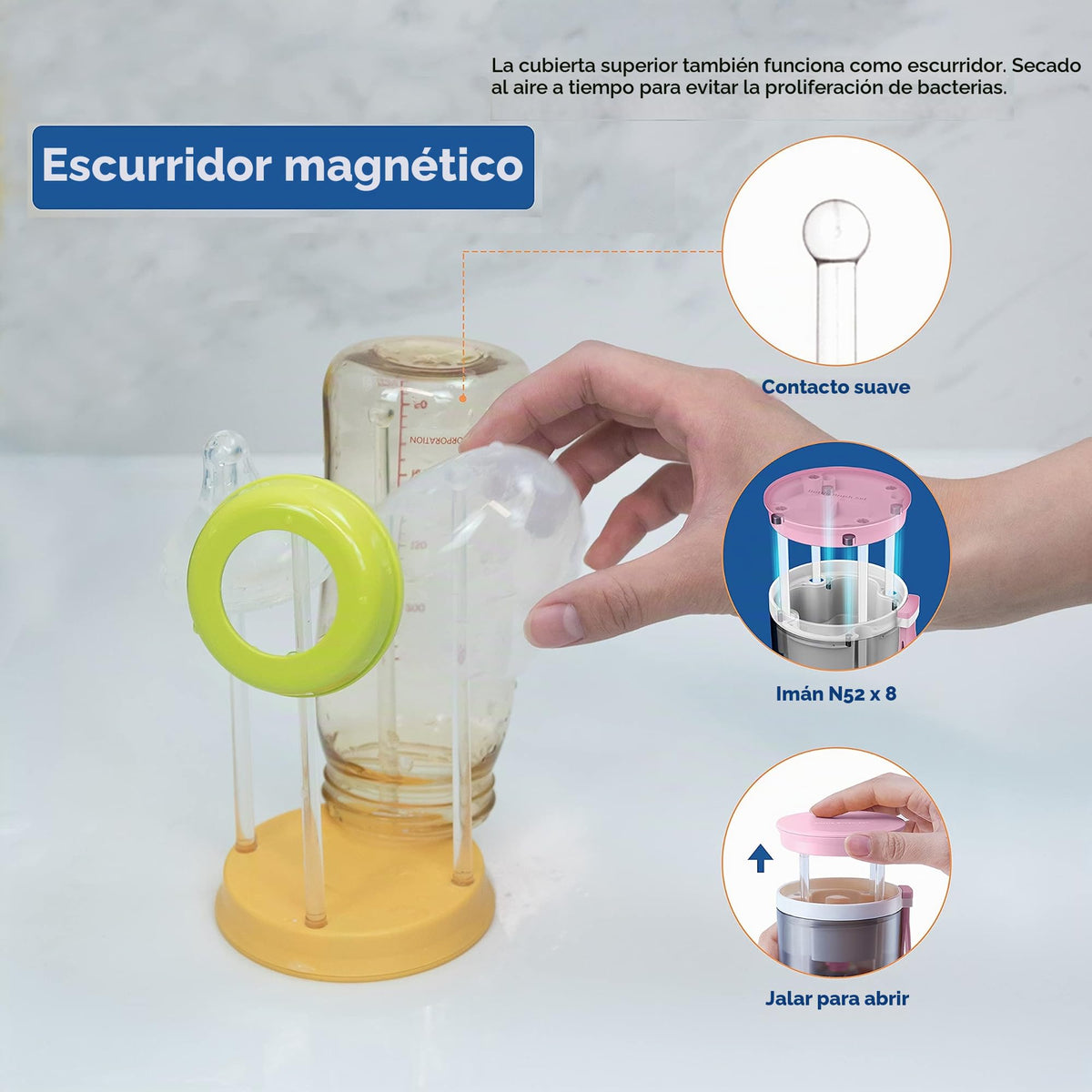 Kit de limpieza de viaje del bebé de cepillo de botella, Rack de secado integrado, cepillo en forma de pezón,cepillos de paja, dispensde jabón de botella, tazón de botella más caliente.(Rosa)