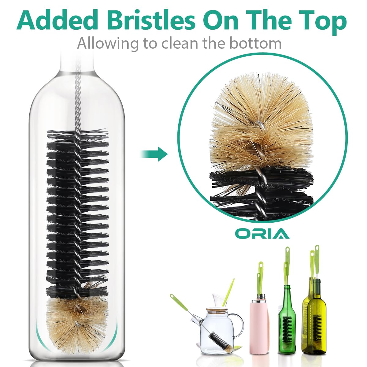 ORIA Cepillo de Limpieza de biberones, Limpiador de cepillos de biberones, Cepillo de Agua de Mango Largo, Cepillo de Limpieza de pajitas para biberones, Tubos, Paquete de 4